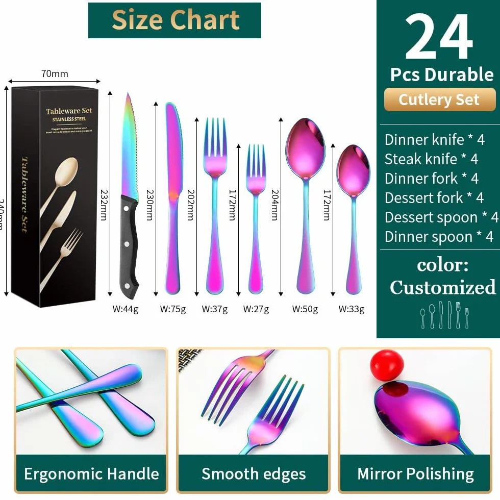 (24 piezas) Juego de cubiertos de cocina de acero inoxidable para 6, cuchillo de carne, tenedor, cucharaditas, comida occidental, postre, banquete, hotel, restaurante (oro rosa)