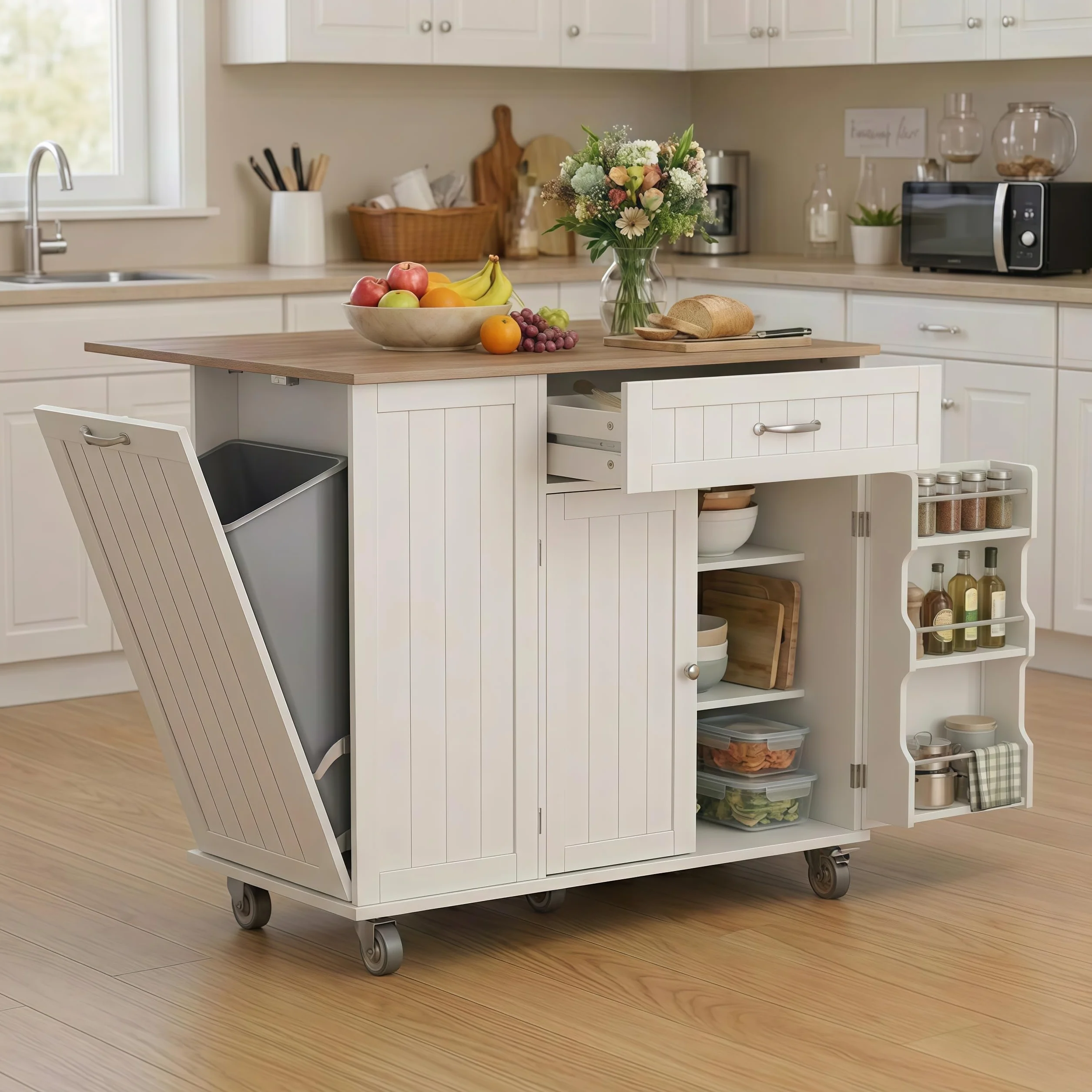 Xbro Isla Cocina con Tablero Plegable y Ruedas, Carrito de Cocina con Cajón, Armario de Basura, Portacuchillos y Toallero, Armario de Cocina, 113 x 51 x 90 cm, Blanco