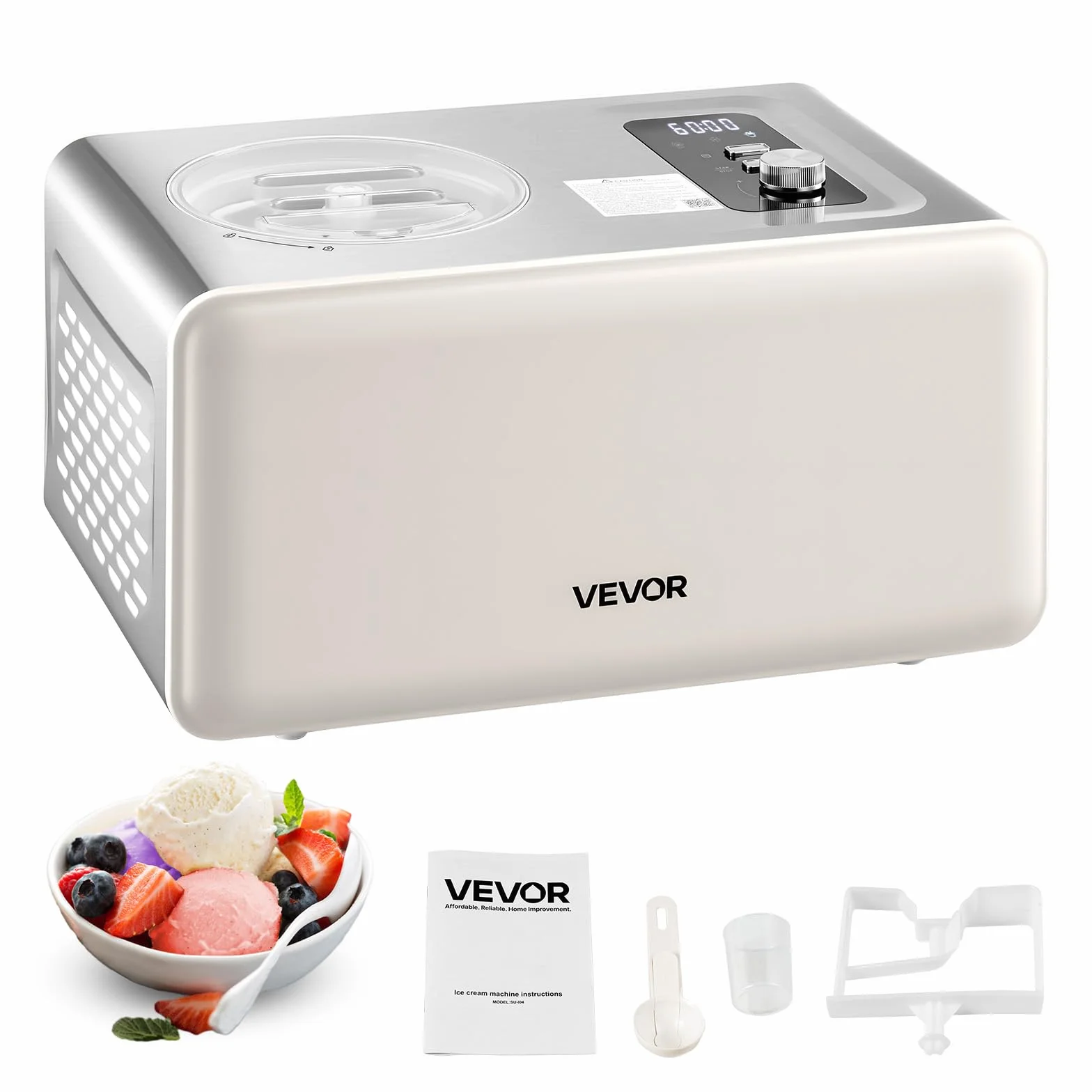VEVOR Máquina Automática para Hacer Helados 2 L con Compresor Incorporado sin Precongelación Heladera Automática de 3 Modos 425 x 290 x 245 mm con Tapa Transparente para Cocina Doméstica, Blanco