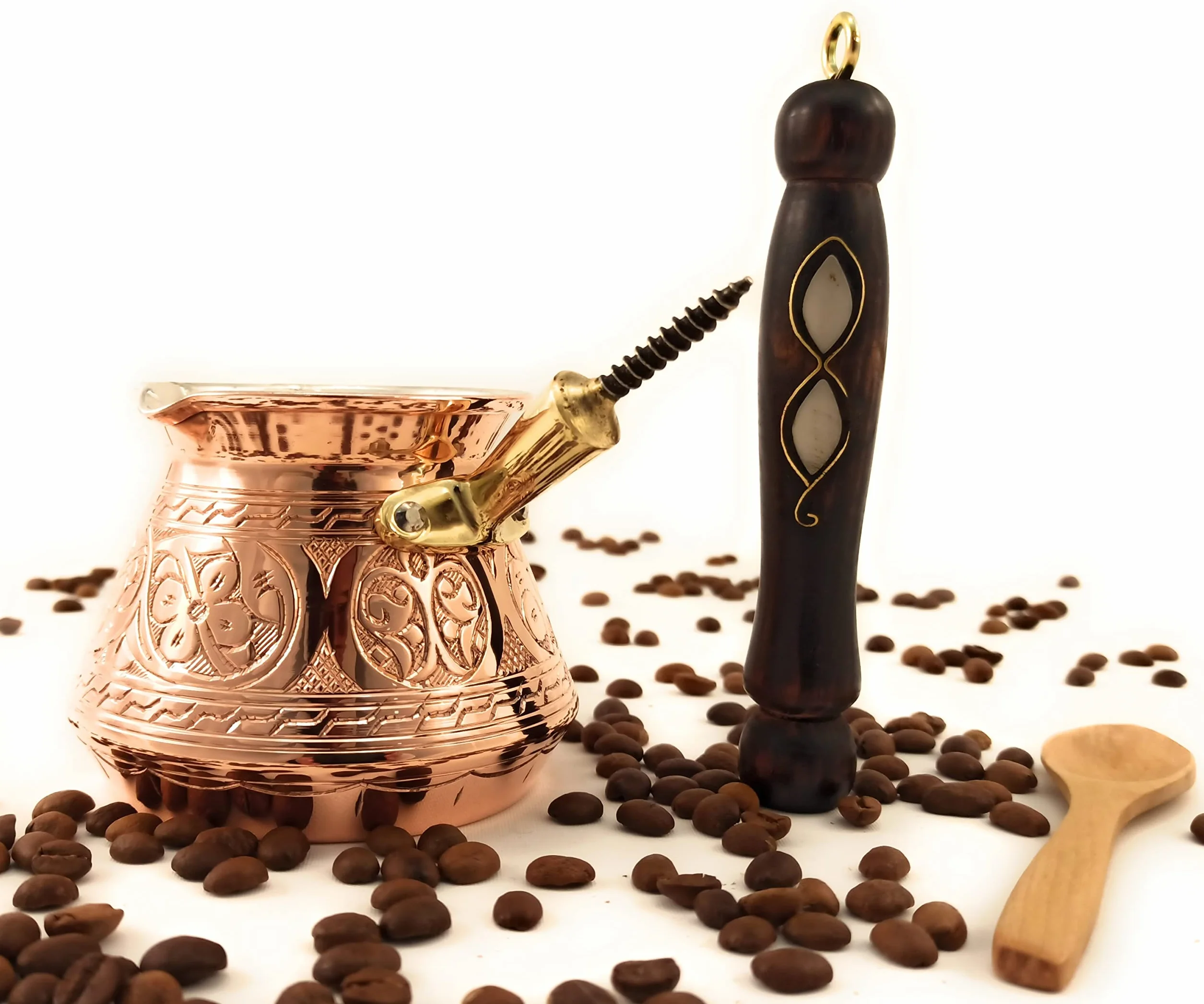 Serie ACI (mediano-13 onzas líquidas) – Cafetera turca árabe griega turca de cobre sólido más gruesa con mango de madera, cafetera de estufa, Jazzve, Cezve, Ibrik, Briki, Café Turco