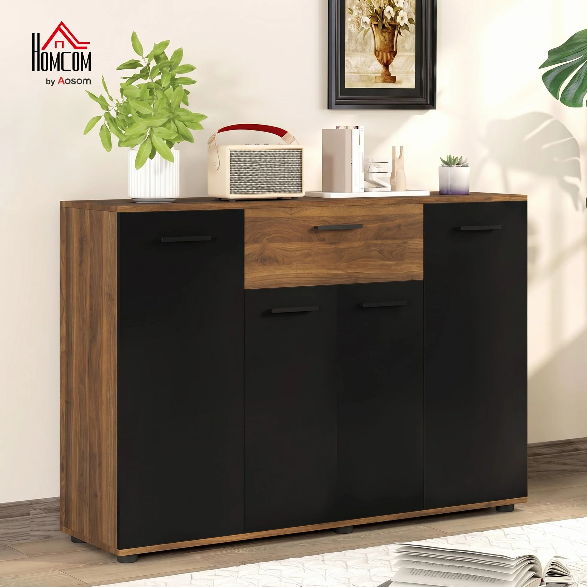 HOMCOM Aparador de Almacenamiento 120x35x85cm Marrón y Negro | 4 armarios, cajones, estantes ajustables, mueble de comedor