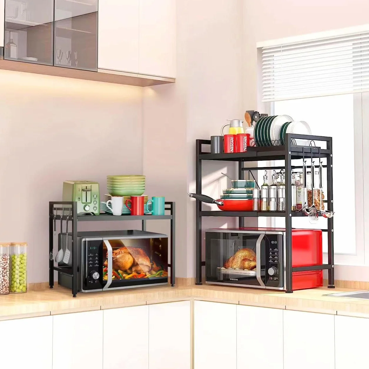 LUHWYJA Soporte Extensible para Horno de Microondas, Estante Ajustable, Rejilla para encimera de Cocina Organizador Estanteria Mueble con 6 Ganchos (2 Niveles, Negro)