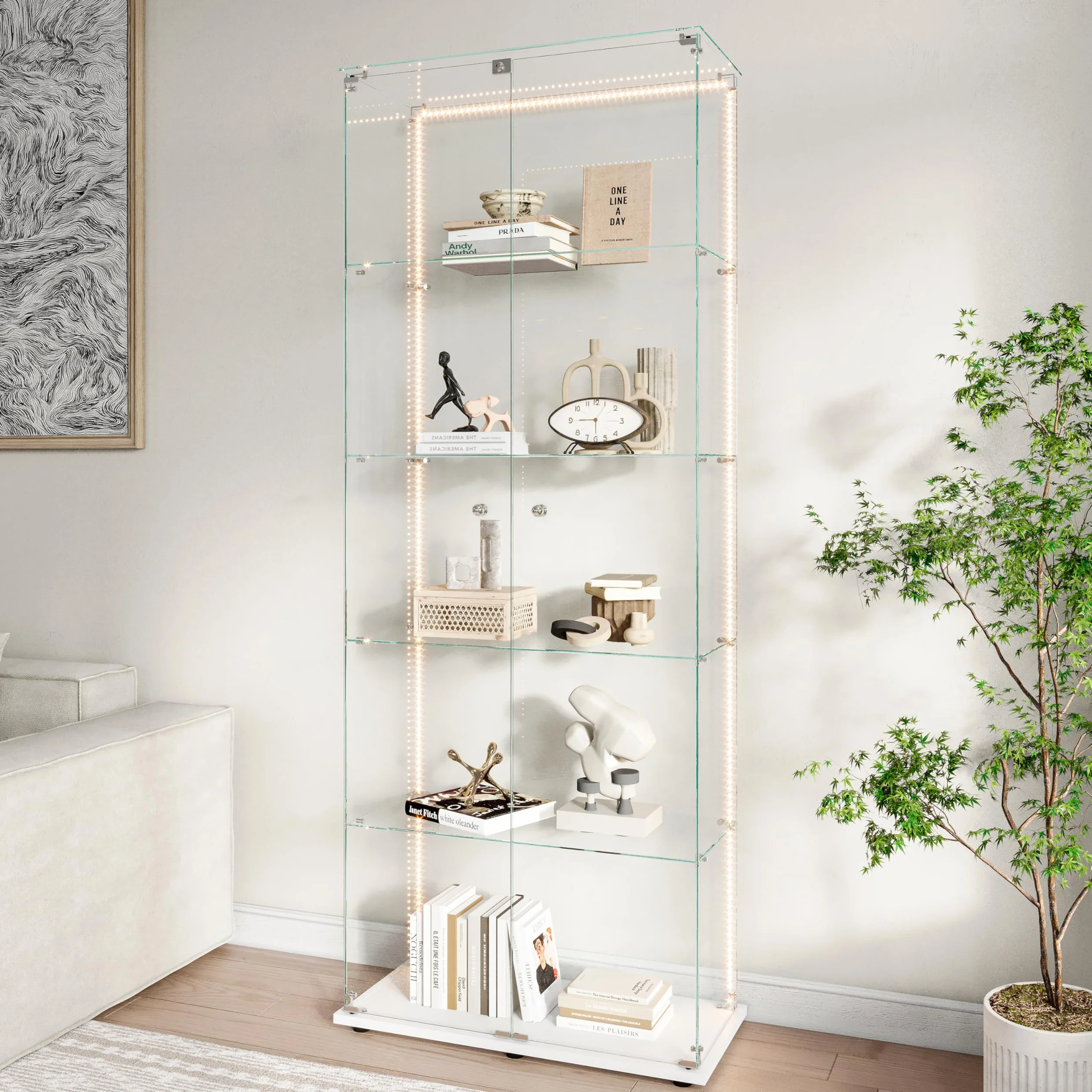 Vitrina de cristal con iluminación LED, vitrina de pie con 5 estantes de vidrio y 2 puertas de vidrio con cerradura, vitrina para salón, oficina, artículos de colección, libros, vino, color