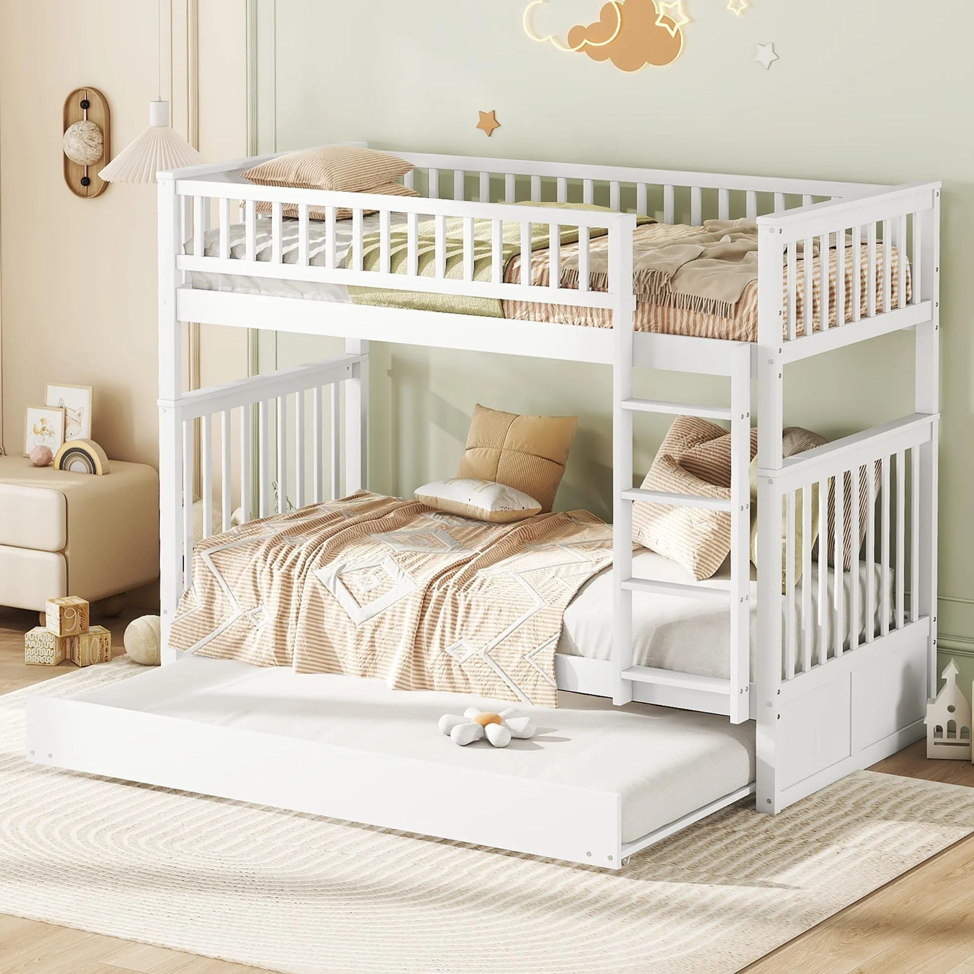 Moimhear Literas de 90 x 200 cm, camas infantiles, literas triples con cama nido, barandilla alta, escalera estable (blanco)