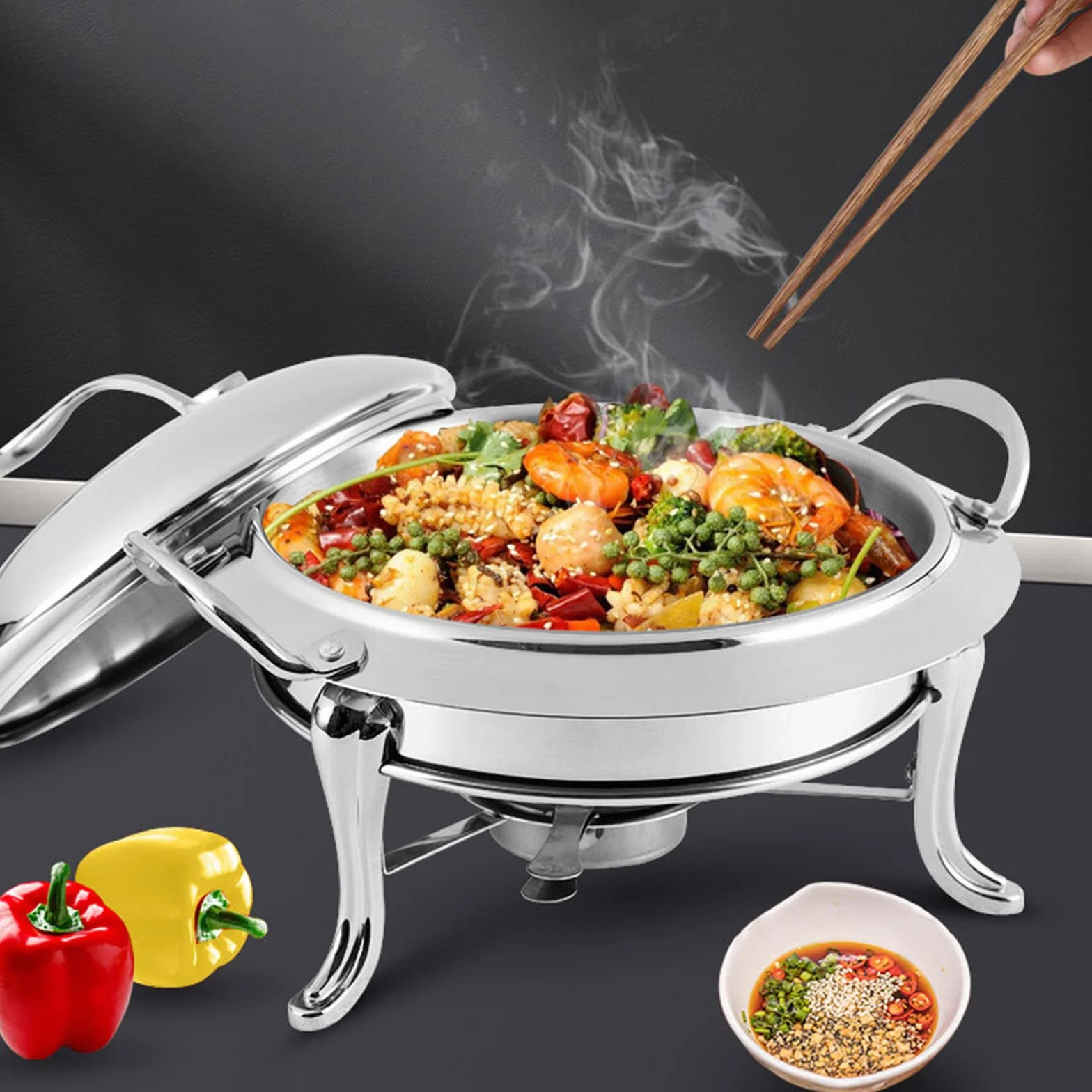 Juego de 3 platos redondos de acero inoxidable dorado de tamaño completo, calentador de alimentos con tapas y soportes de combustible, vajilla elegante para eventos