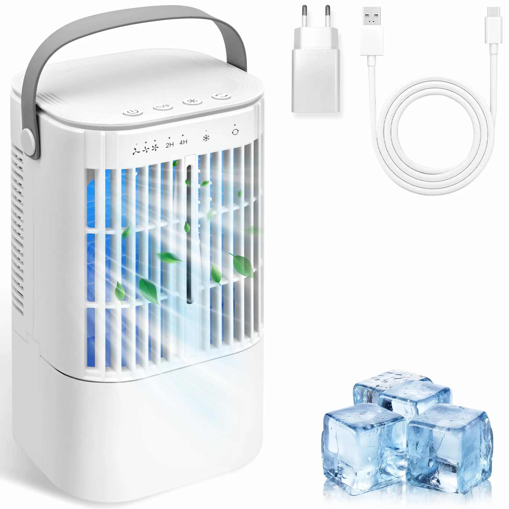 Aire Acondicionado Portatil Sin Tubo 4 en 1, Mini Aire Portátil Interior 900ml, 3 Velocidades y Nebulización,Luz de 7 Colores,Temporizador de 2/4H,para Dormitorios, Oficinas y Espacios Reducidos