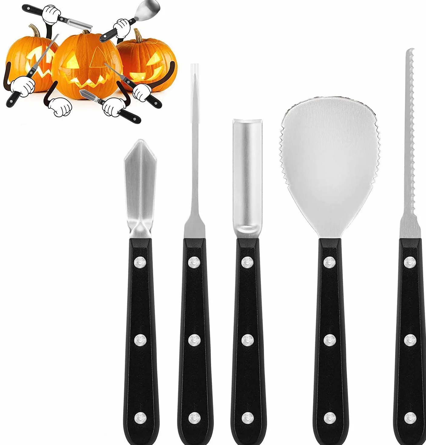 YUET Kit de talla de calabaza de Halloween, 5 piezas herramientas de talla para decoraciones de Halloween (negro)