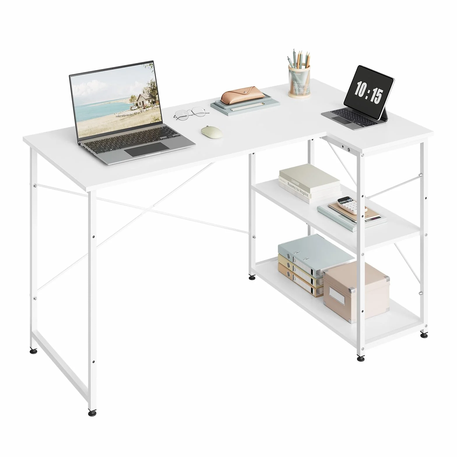 WOLTU Escritorio de Almacenamiento, Mesa Multifuncional | Con Estantería, Blanco Brillante, para Ordenador en Estudio, Dormitorio, 120x73x72 cm