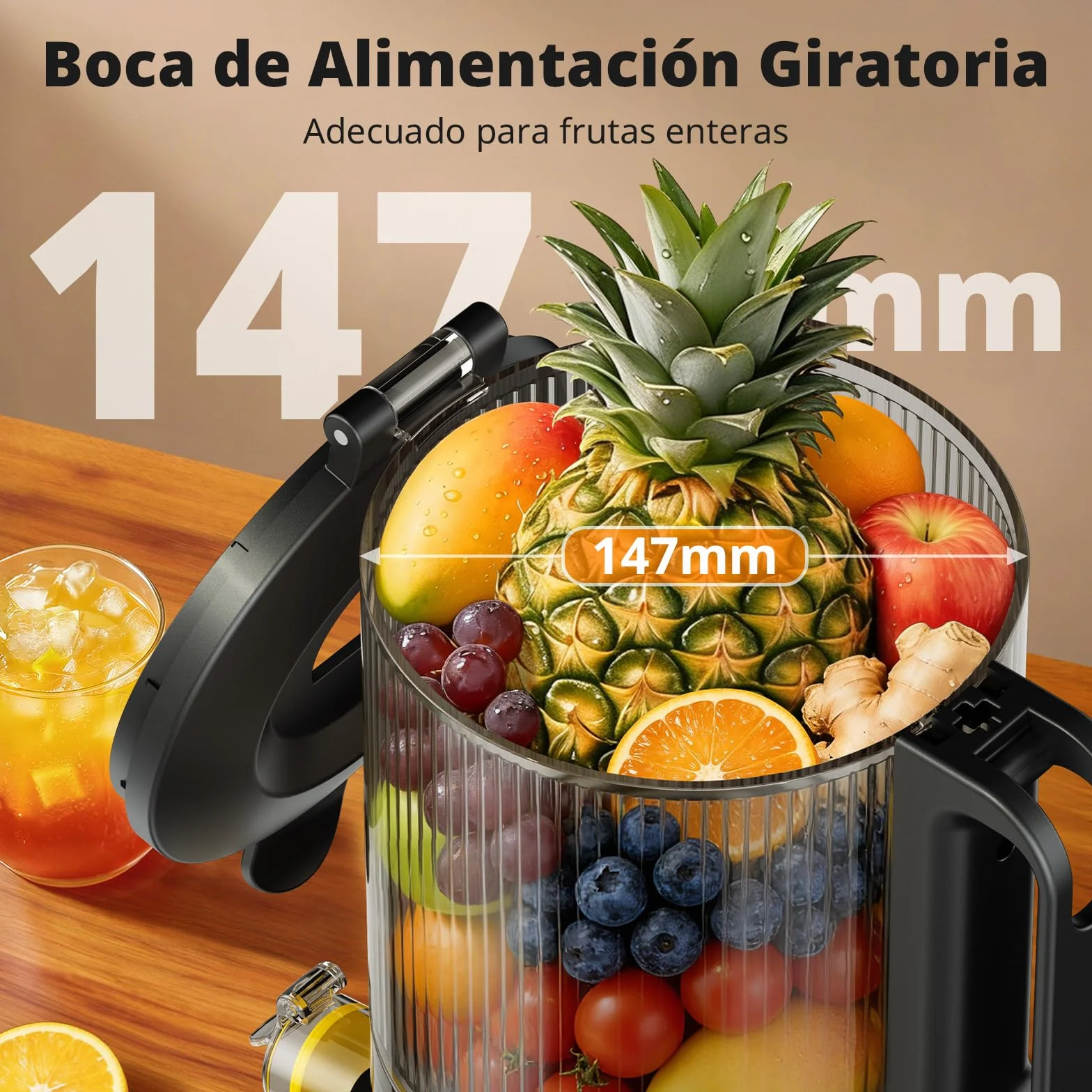 AIRMSEN Extractor de Zumos y Verduras 147MM Apertura Extractor, Capacidad de 2,1 L, Extractor de Jugo Prensado en Frío, Motor de 300 W, Licuadora Silenciosa y Eficiente, Fácil de Limpiar Negro