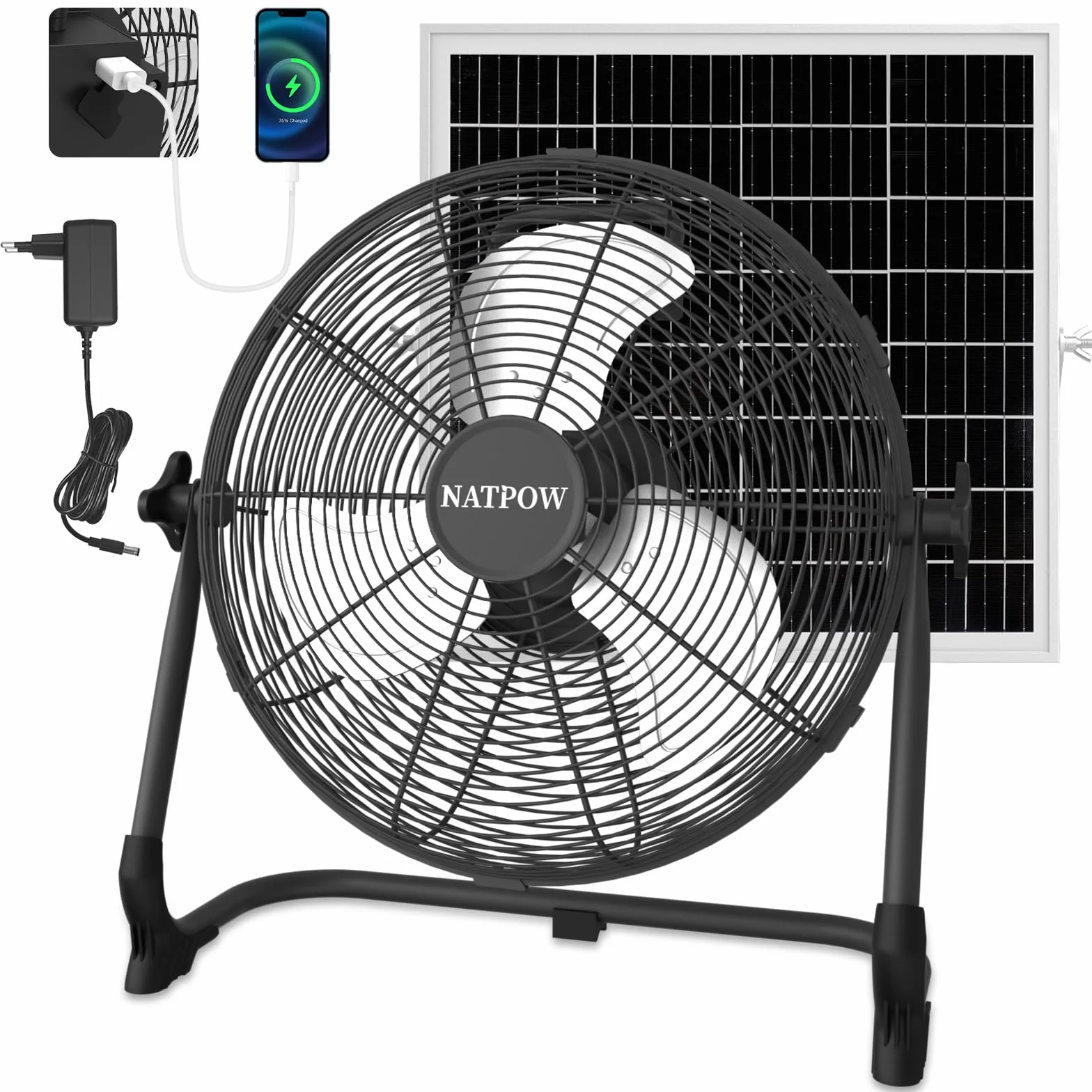 NATPOW Ventilador de Suelo Solar, 30cm Ventilador con Panel Solar, Potente y Silencioso, 13200 mAh, Hasta 27H, Équipé de ports USB, Idéal pour Camping, Plage, Chantiers, Patio, Invernadero, Interior