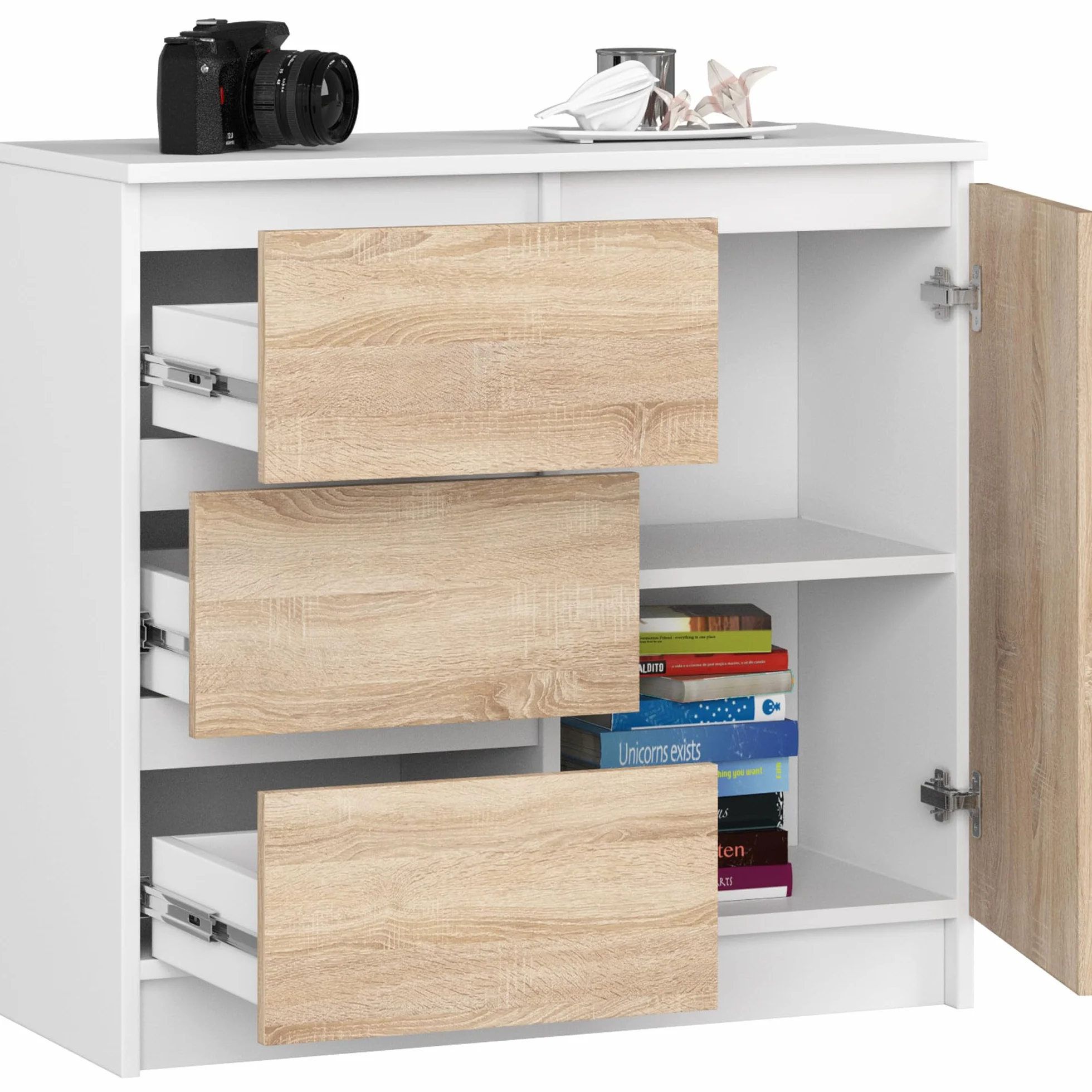 AKORD Cómoda Jerry | Cajonero con 1 Puerta 3 Cajones 2 Estantes | Credenza Alta 80 cm | 80x35x77 cm | Blanco & Roble Sonoma Frente