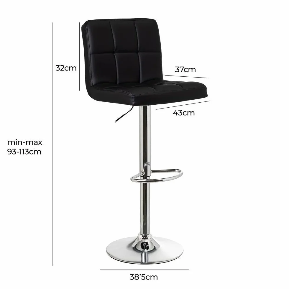 Taburete alto de cocina regulable en altura negro con respaldo alto | Asiento cuadrado y respaldo alto acolchados y tapizados en polipiel. Altura ajustable de 72 a 92 cm. Resiste hasta 120 kg