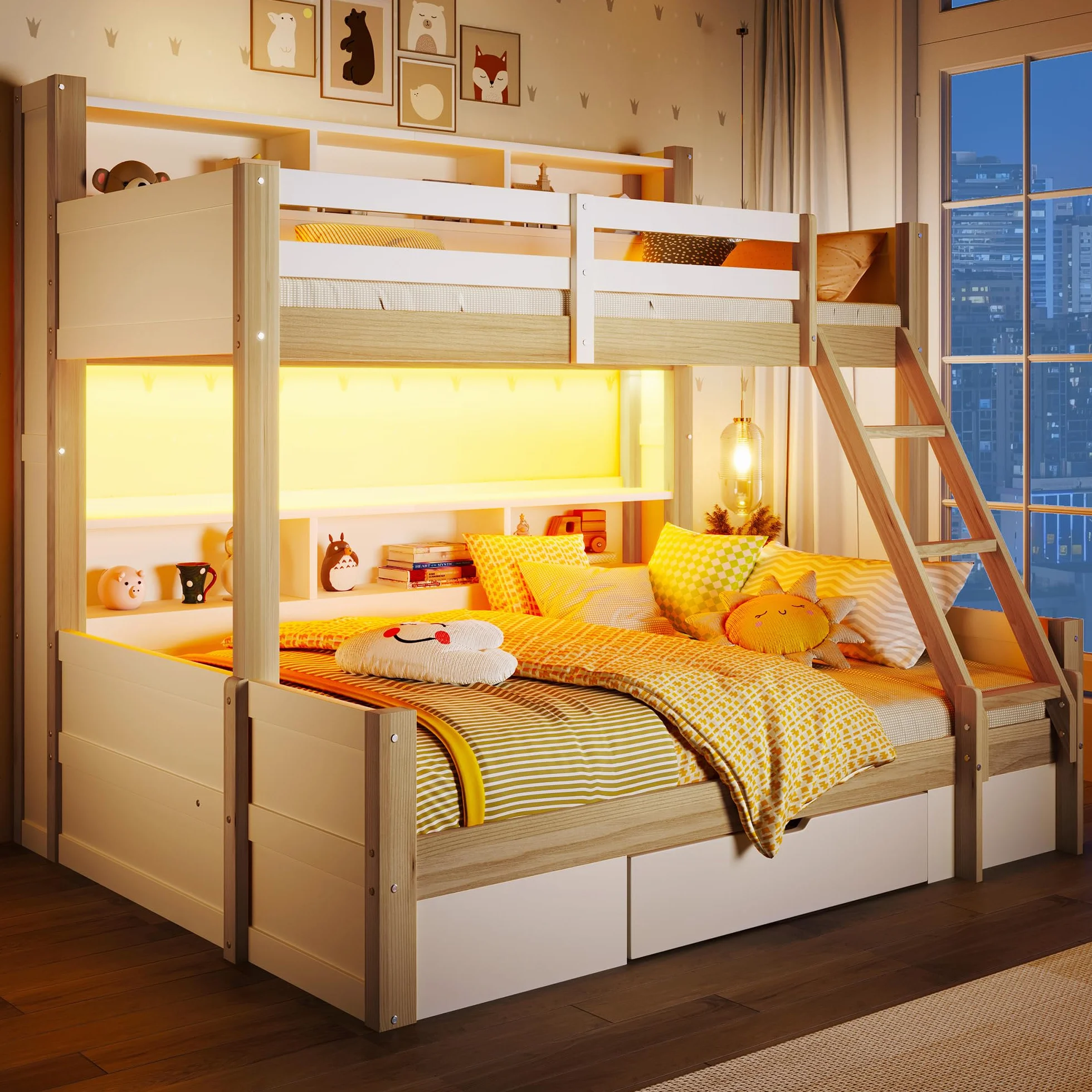 Litera, 90 x 200 cm+140 x 200 cm, escalera, barandilla, varios armarios abiertos, posición de escalera opcional, 1 cajón, barra de luz LED, sin colchón (blanco + natural)