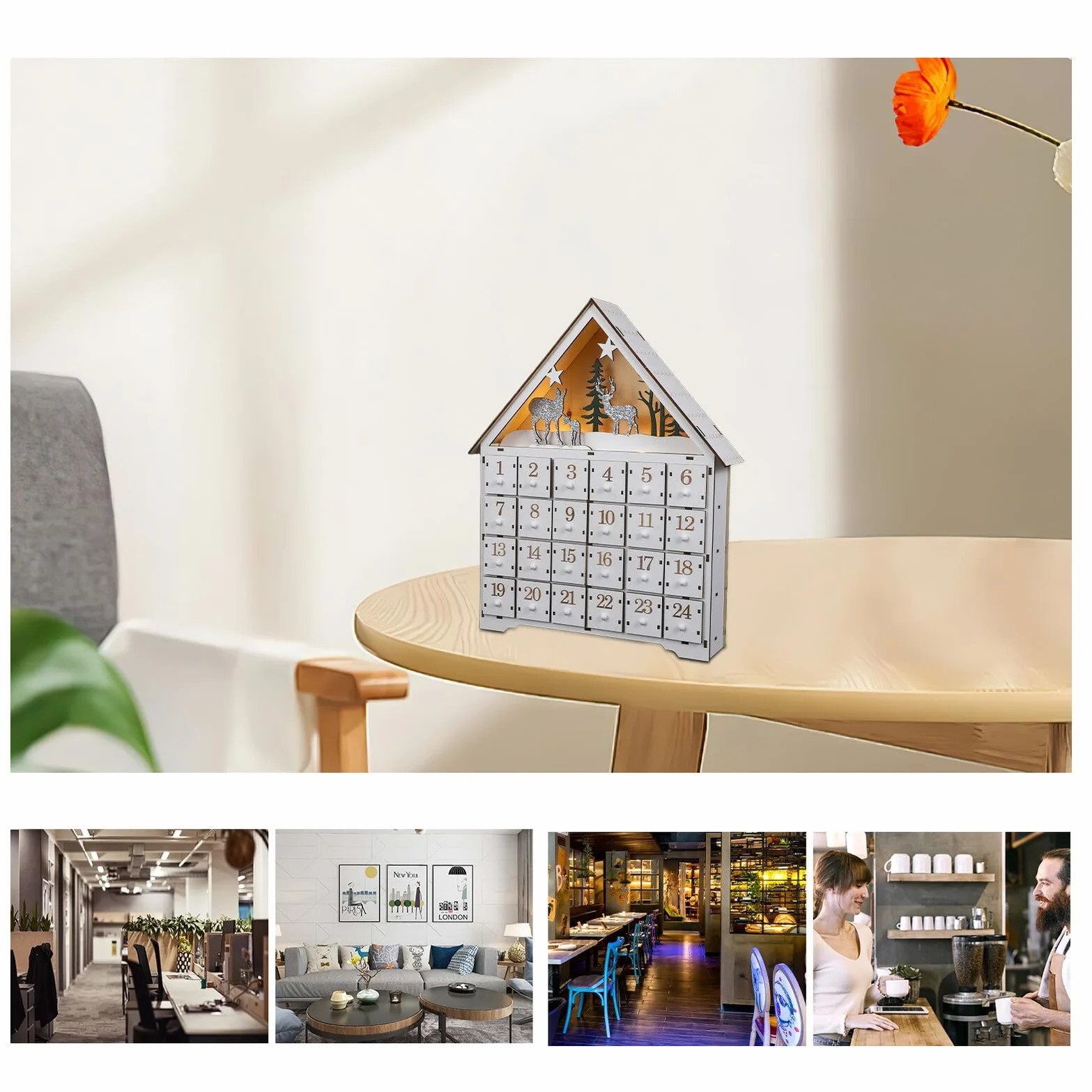 Calendario de Adviento de Madera con Luces LED y Cajones Reutilizables Decoración Navideña con Reno y Casa para Regresiva Hogar Calendario Compacto para Almacenaje Navidad
