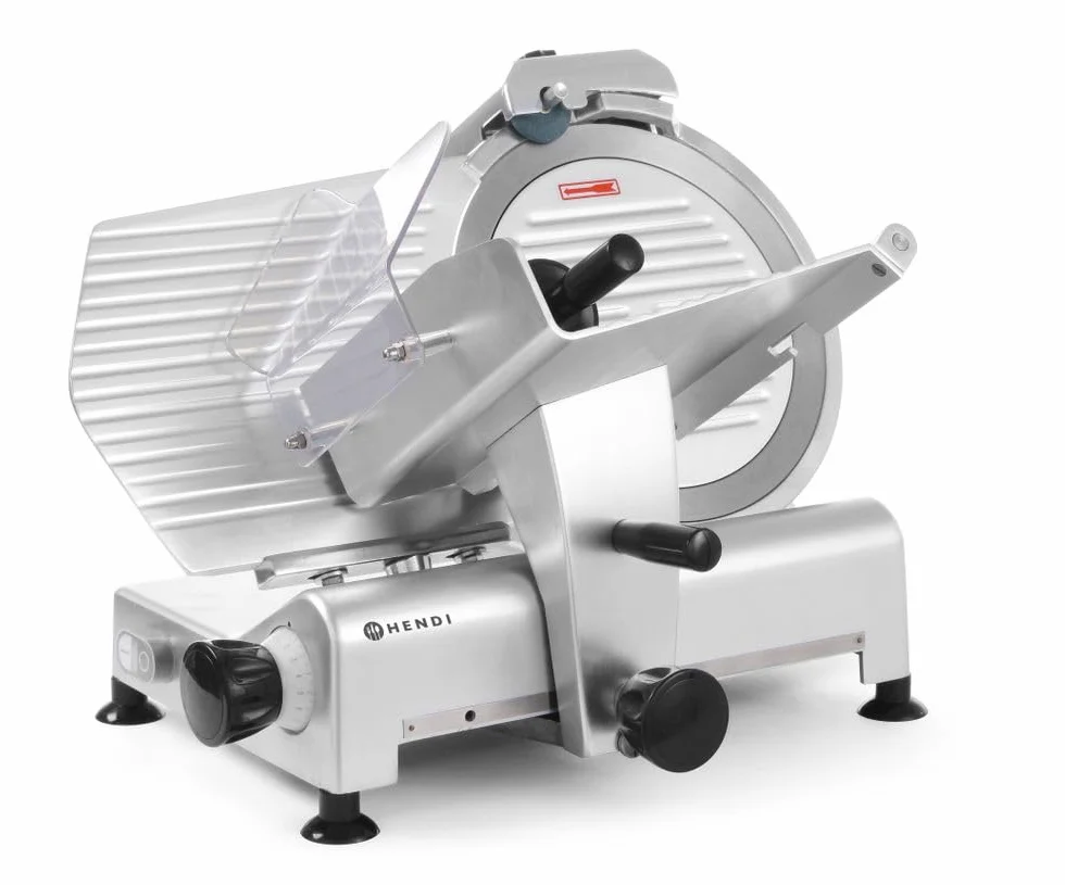 HENDI Cortadora eléctrica de carne, cortafiambres multiusos, Profi Line 300, Ø cuchilla: 300mm, espesor de corte (0-14mm), 220-240V, 420W, 602x573x(H)456mm, plateado, aluminio, acero inoxidable