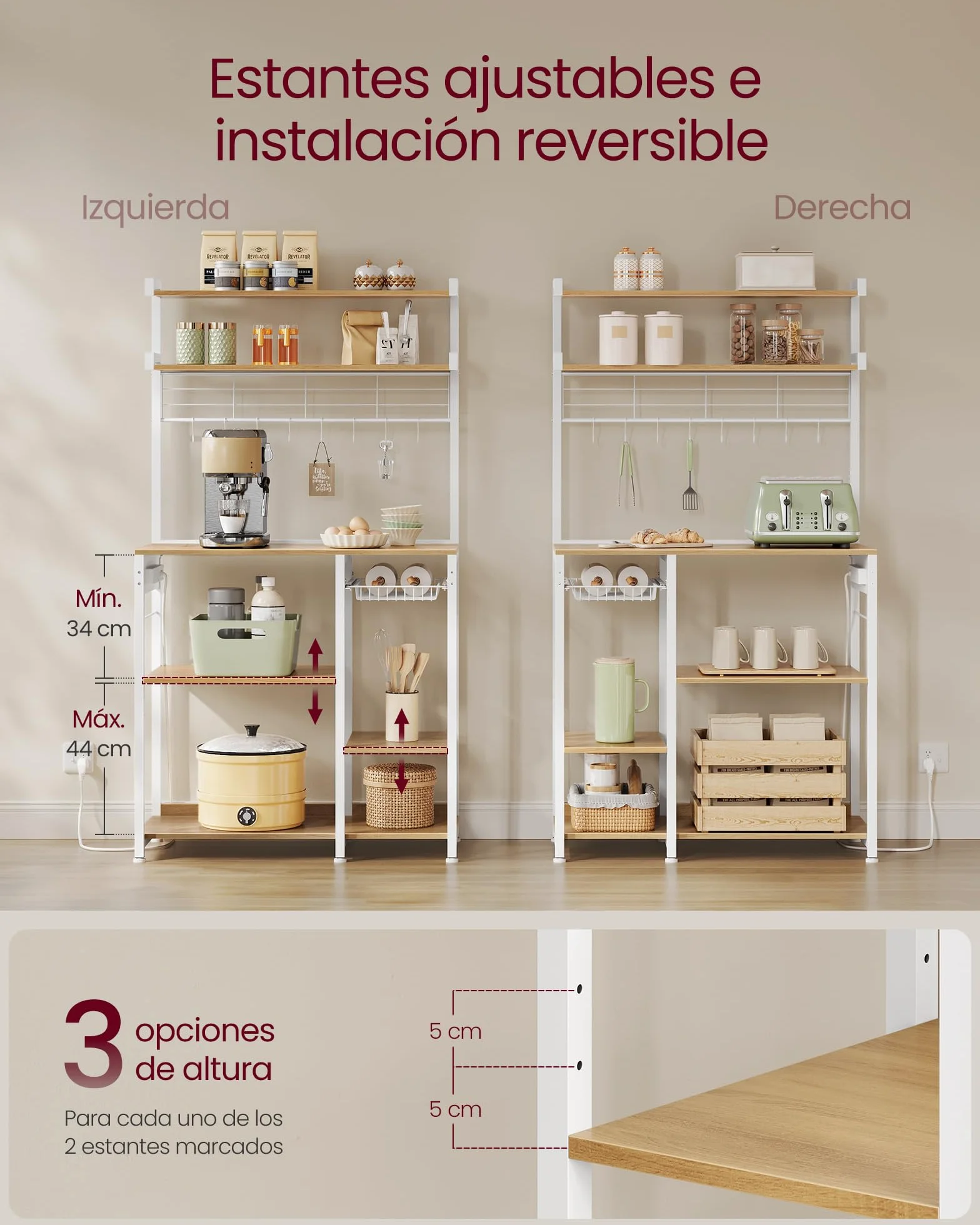 VASAGLE Estantería de Cocina con Enchufes, Estantería de Panadería, Barra de Café, 8 Ganchos en S, Cesta, Especiero, 40 x 90 x 165,5 cm, Roble Dorado y Blanco Nube KKS031Y19