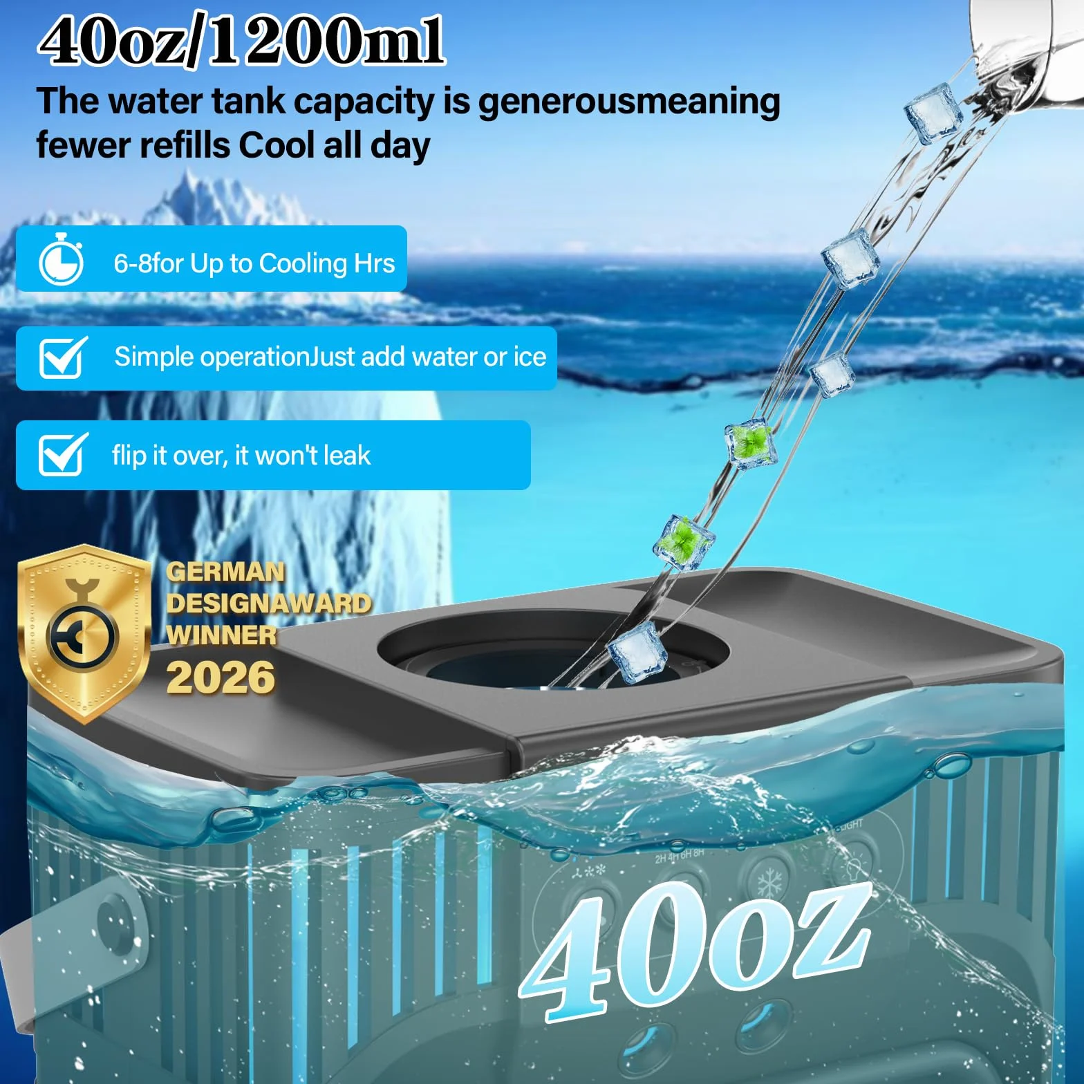 Aire acondicionado portátil con mando a distancia, silencioso con 3 velocidades, ventilador de refrigeración de 1200 ml, ventilador de aire personal con 3 nieblas, 7 luces nocturnas, temporizador de 8