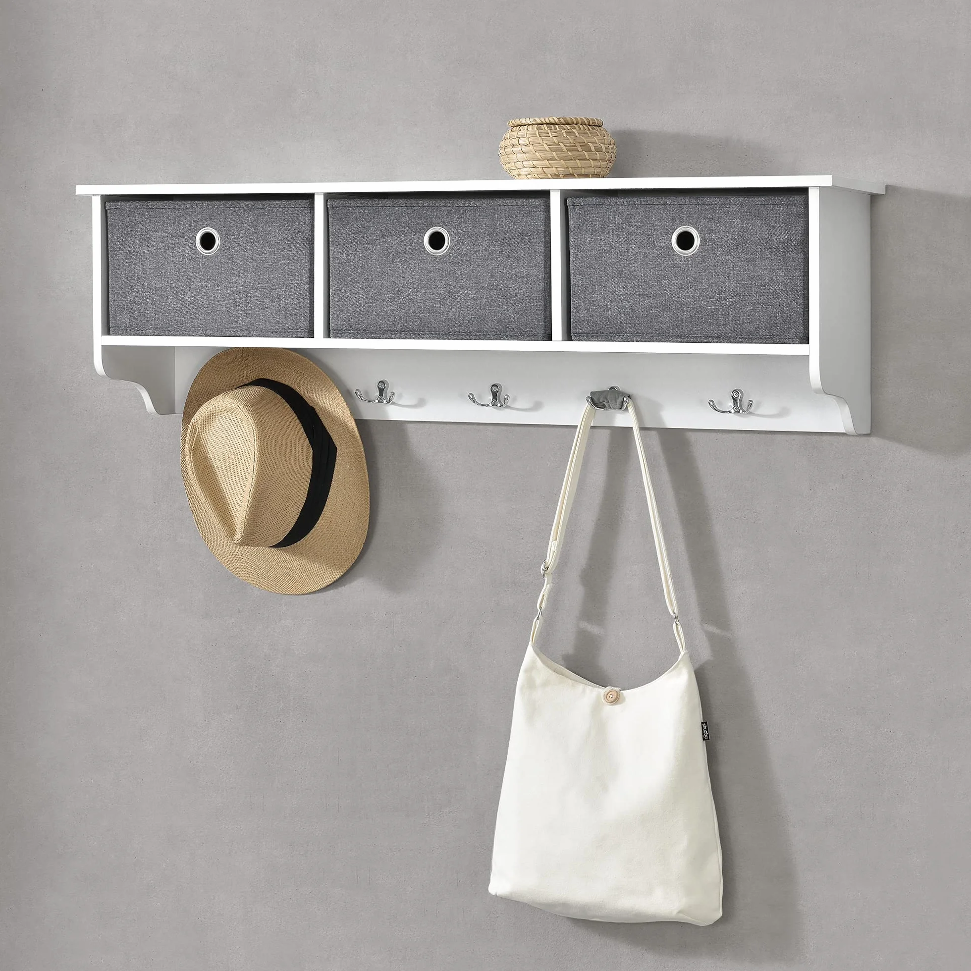 [en.casa] Percha de Pared con 3 Cajas de Almacenamiento Extraíbles Plegables 30 x 100 x 20 cm Blanco Gris Plata máx. 15 kg