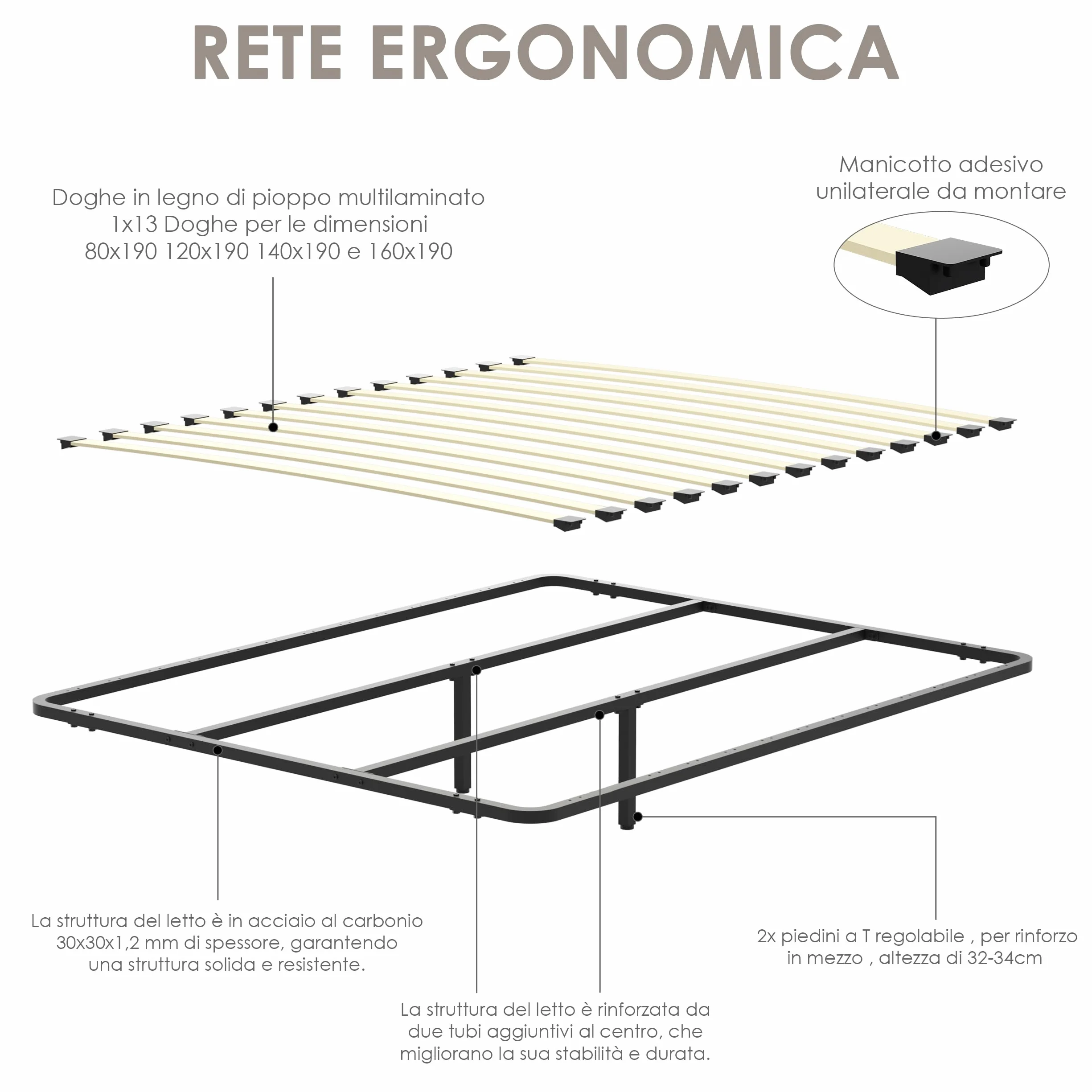 DEWINNER Somier de 140 x 190 cm sin patas de apoyo con dos barras de hierro, red francesa de 140 x 190 cm empotrada y 2 patas ajustables para refuerzo en el medio, 13 láminas, ortopédica, montaje