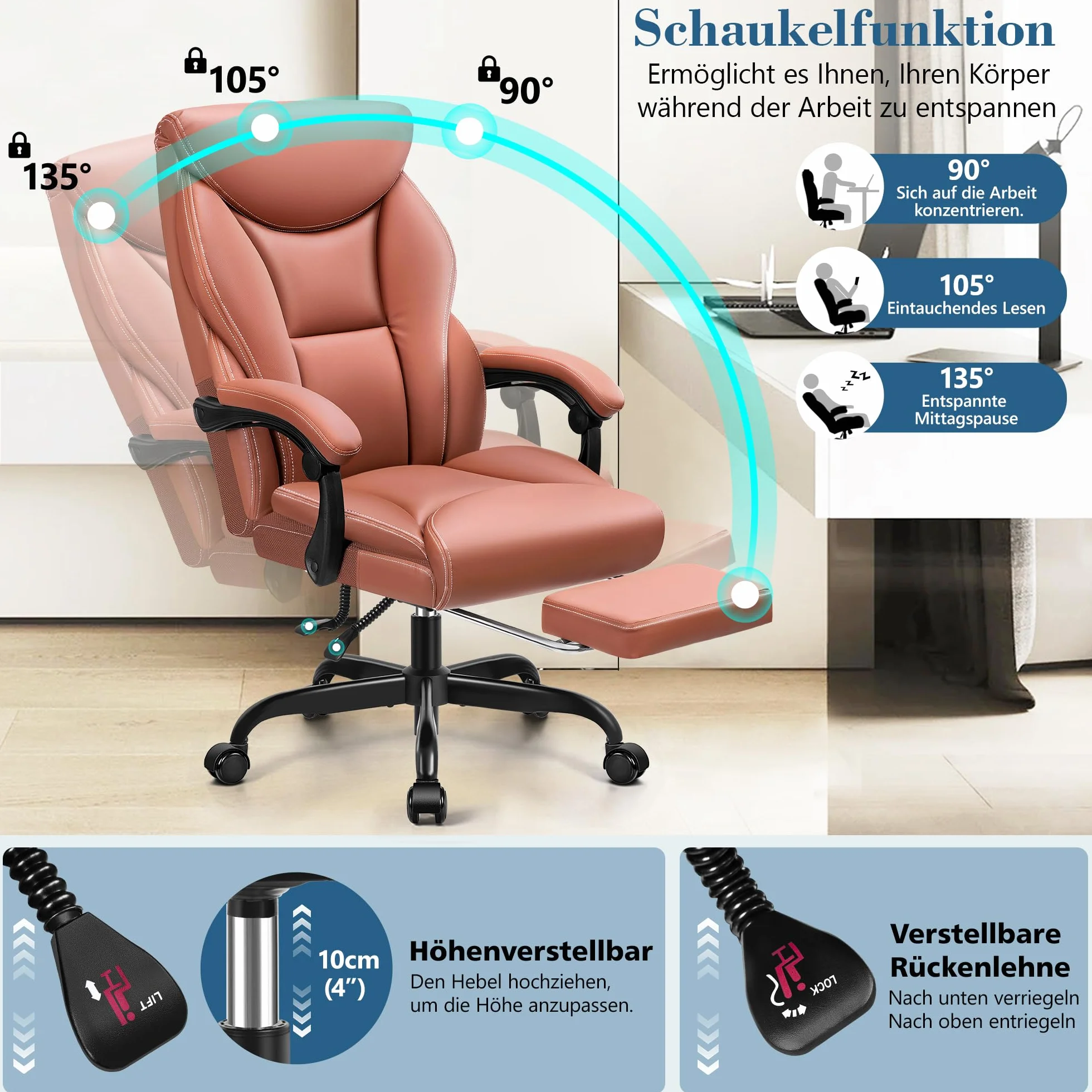 FelixKing Silla Ejecutiva, Cómoda Silla de Oficina Ergonómica, Silla Giratoria de Cuero PU, Silla de Ordenador con Respaldo Alto Ajustable y Reposapiés para Oficina en Casa y Juegos (Marrón Mate)
