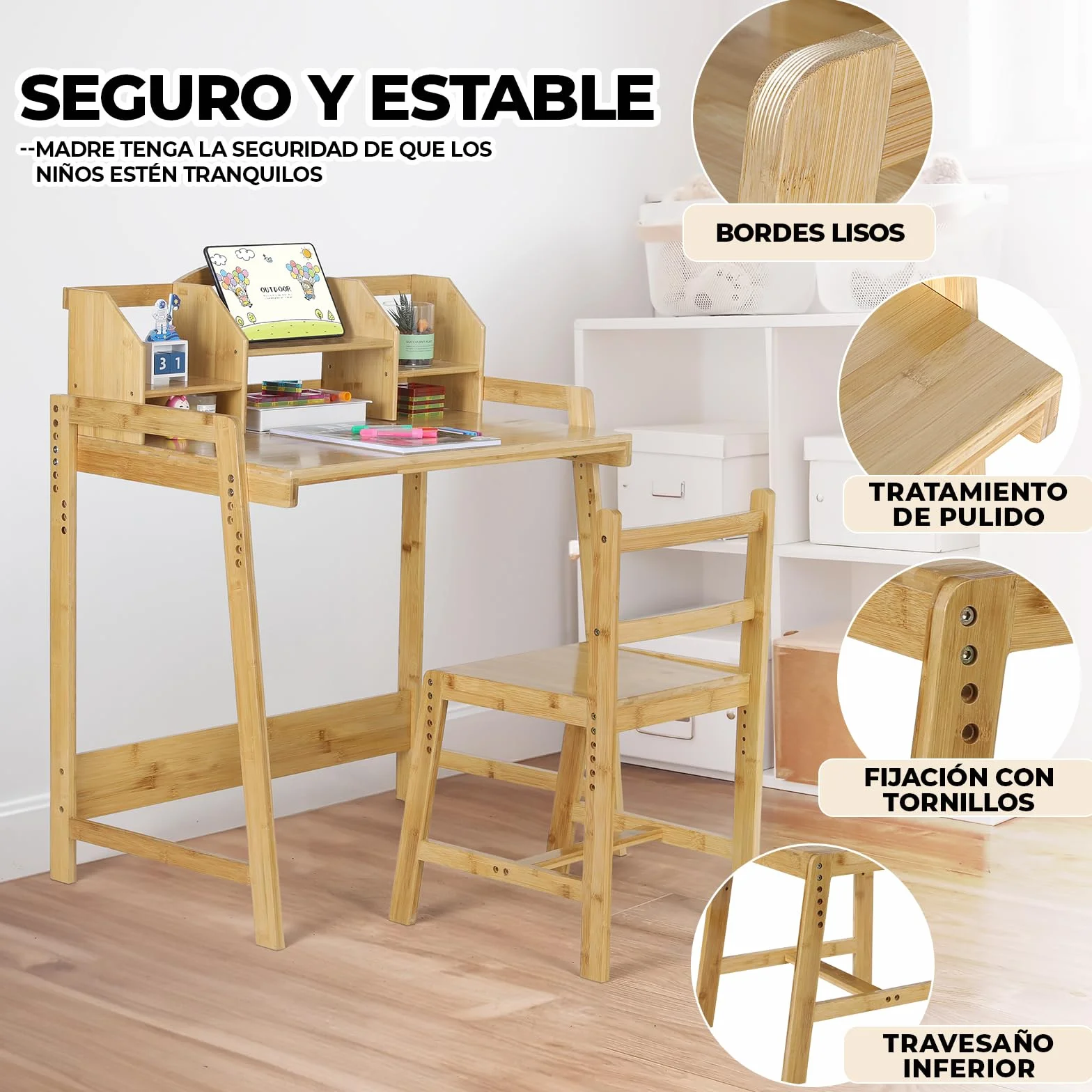 Escritorio Infantil Bambú con Silla Ajustable, Mesa Madera Estudiante, Soporte Libros Almacenamiento Natural