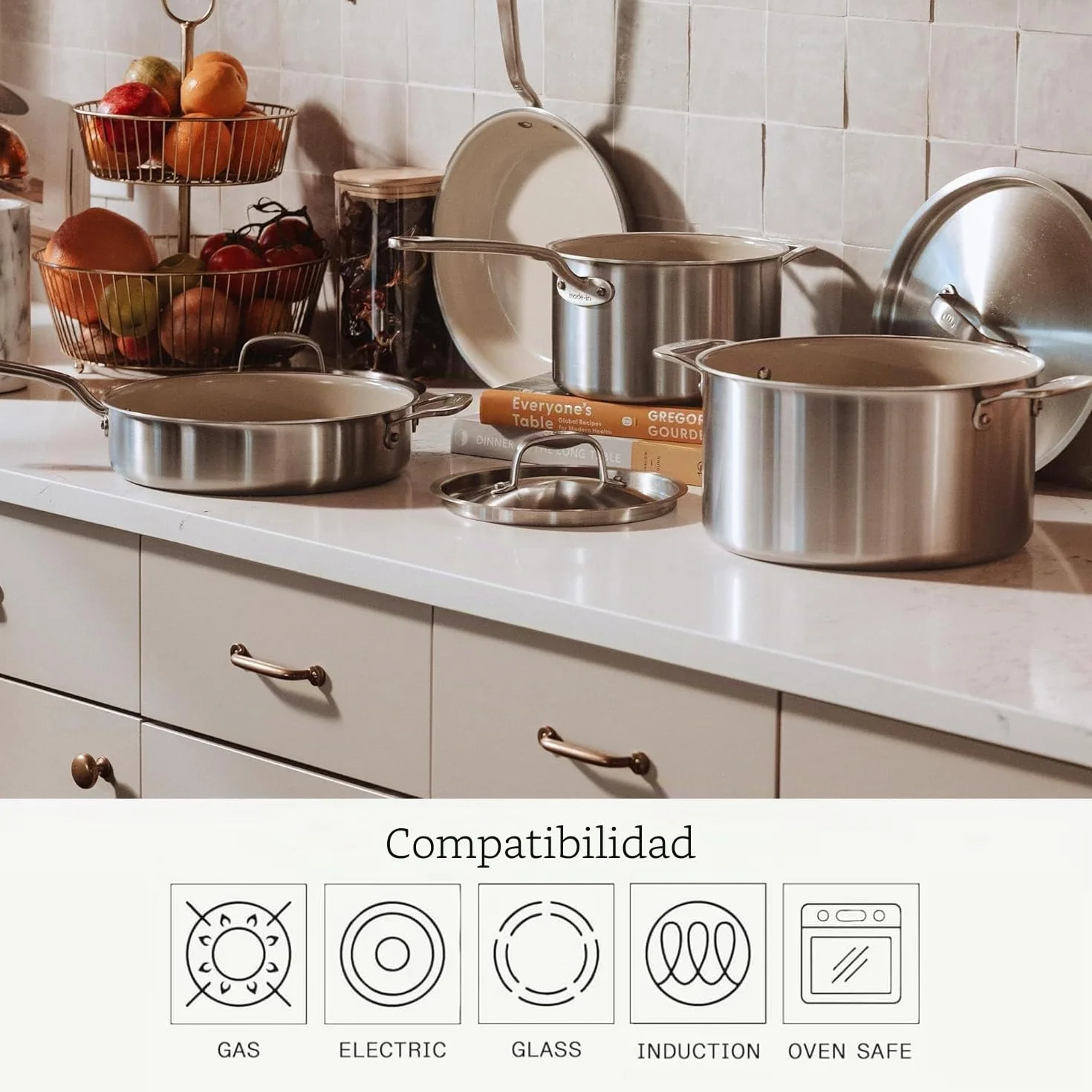 Made In Cookware - Sartén antiadherente de cerámica de 3.5 cuartos de galón con tapa, revestimiento de acero inoxidable de 5 capas, utensilios de cocina profesionales, fabricado en Italia, compatible
