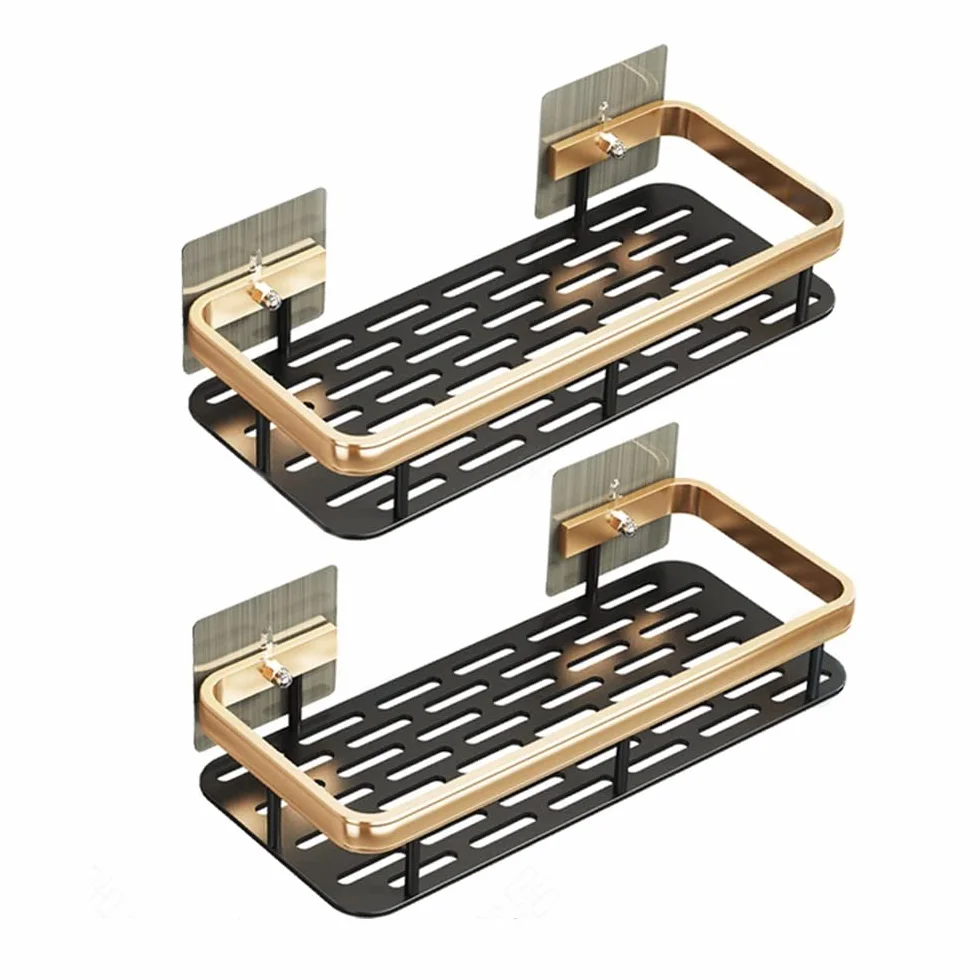 Cesta de ducha Estante de baño Cesta de ducha, Adhesivo de ventosa sin perforaciones en la pared, Soporte de champú para inodoro de aluminio dorado negro, Estante organizador de cocina Almacenamiento