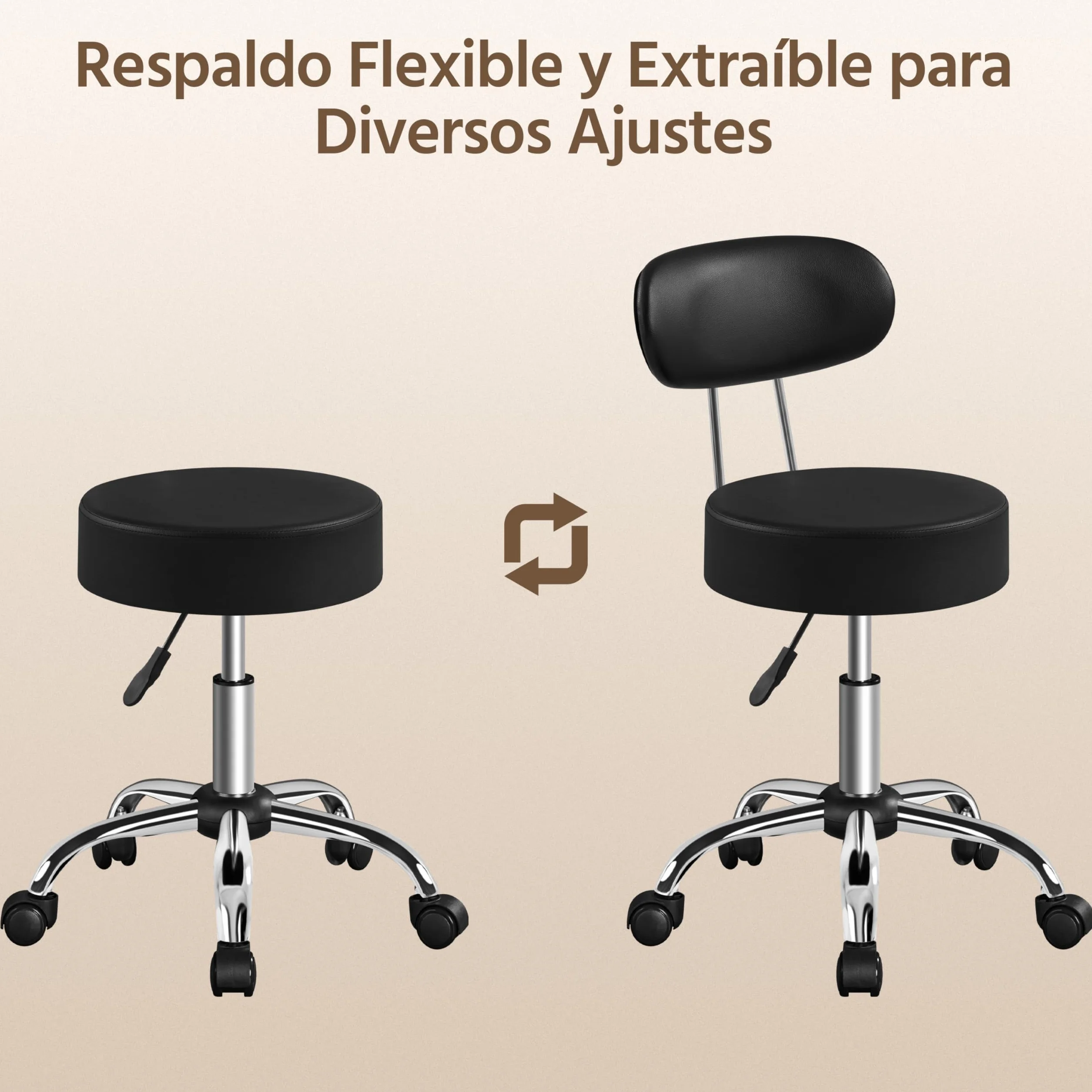 Yaheetech Taburete Giratorio Taburete con Ruedas y Respaldo con Altura Regulable 75.5-85 cm Asiento Tapizado de Polipiel Sintético para Oficina Dormitorio Negro