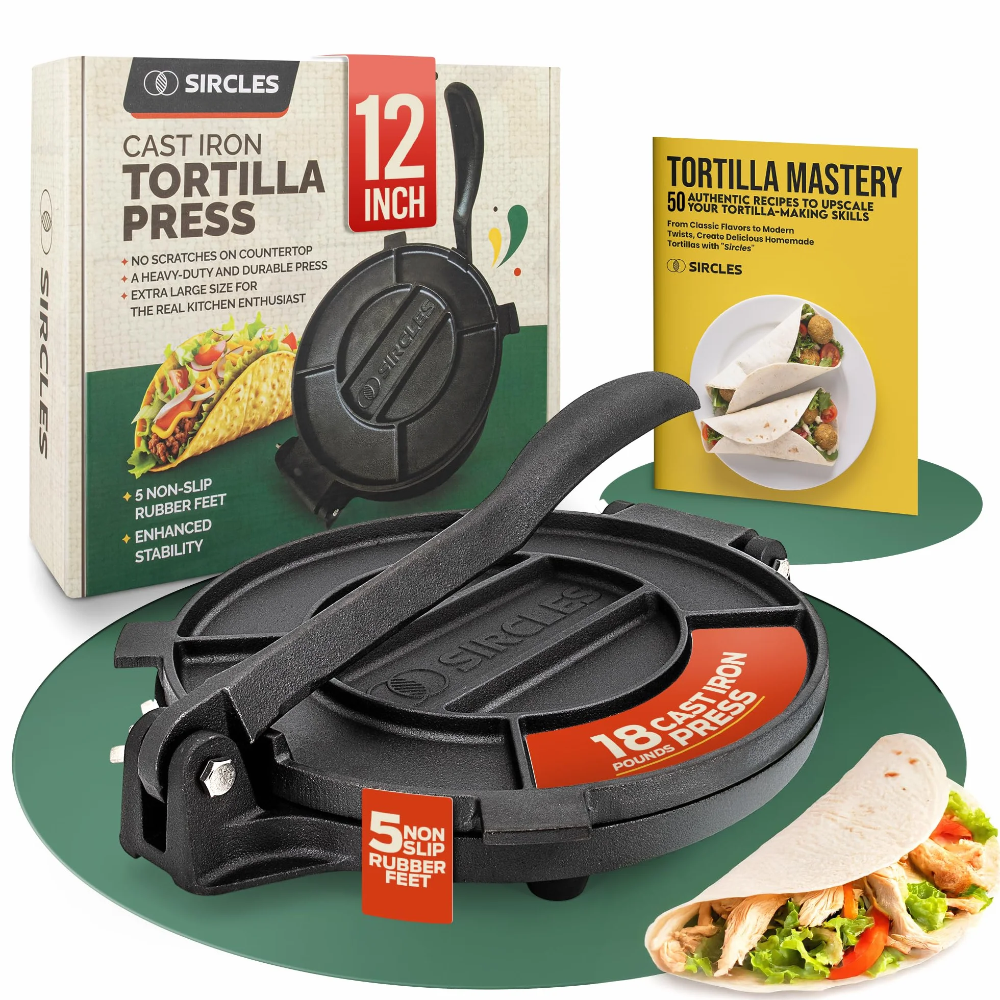 SIRCLES Prensa para tortillas de hierro fundido de 12 pulgadas, extra grande, resistente de 12 pulgadas, recetas de tortillas de libro electrónico, 5 pies de goma antideslizantes, presazonada, prensa