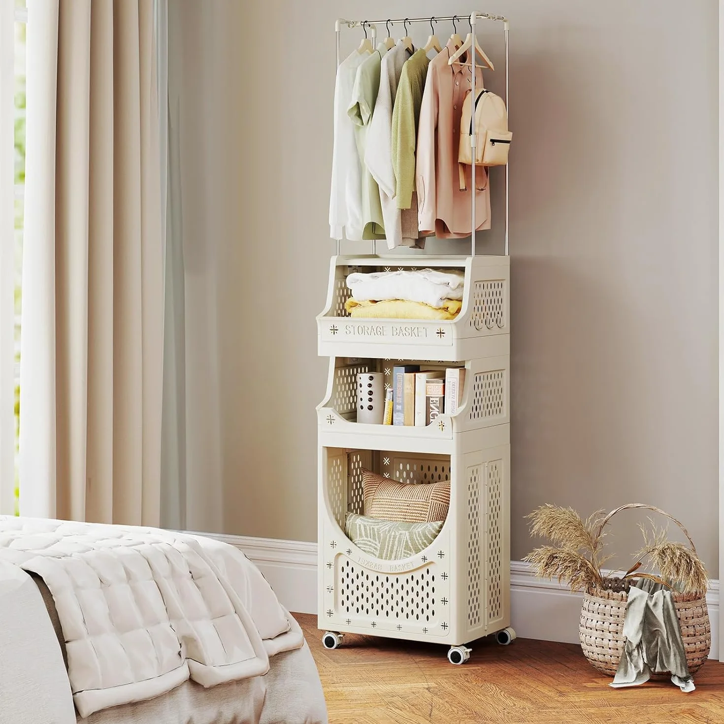 GIANTEX Cesto Ropa Sucia con Ruedas, Cesta de Lavandería Plegable con Copartimentos Abiertos, 6 Ganchos, Carrito de Almacenamiento para Baño, Dormitorio (81 L+Barra)