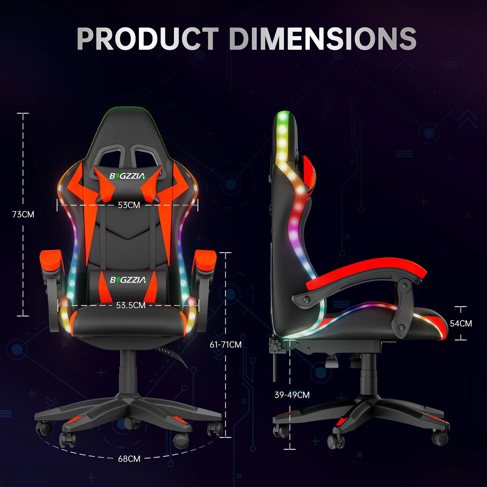 Silla para videojuegos con iluminación LED, silla ergonómica con luz RGB, reposacabezas ajustable y soporte lumbar, piel sintética, silla de oficina, altura e inclinación ajustable (negro y rojo)