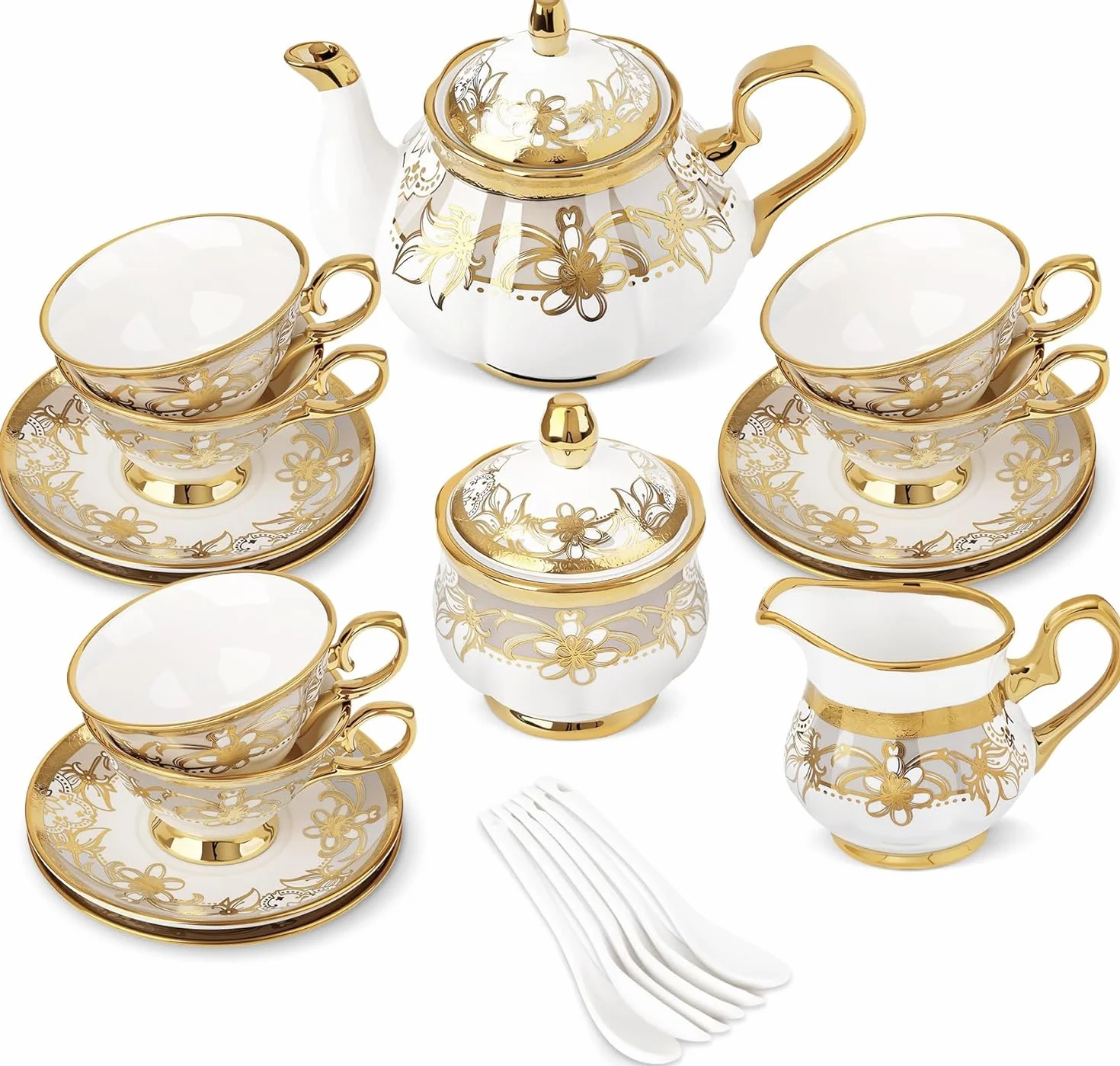 fanquare Juego de Té de Porcelana de 21 Piezas con Crema de Azúcar, Taza y Platillos para 6, Juego de Café Floral Real con Borde Dorado para Regalo de Cumpleaños y Aniversario de Boda