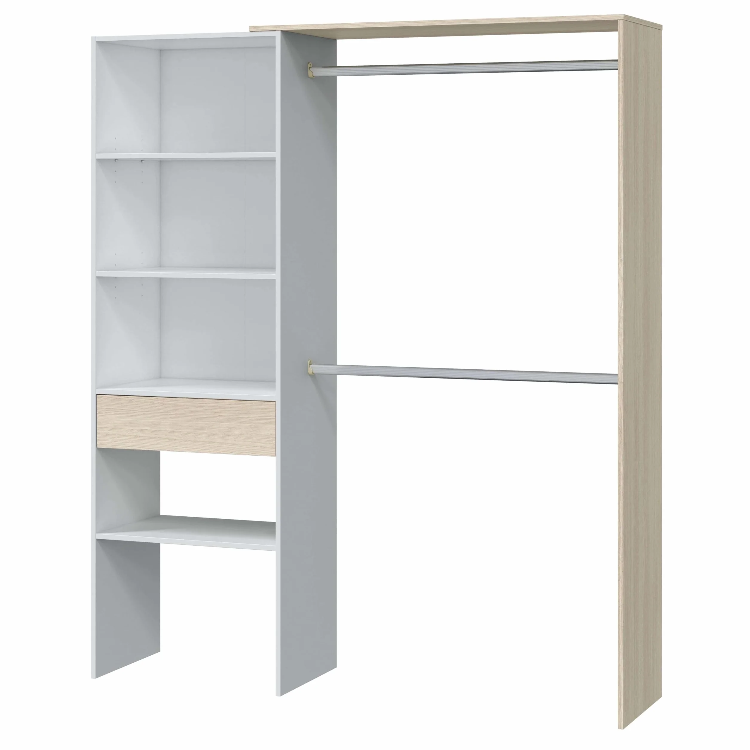 Habitdesign Armario Vestidor, Armario 2 Barras 4 Estantes 1 Cajón, 187x158x40 (AltoxAnchoxFondo - en cm), Vestidor Reversible Color Blanco Artik y Roble