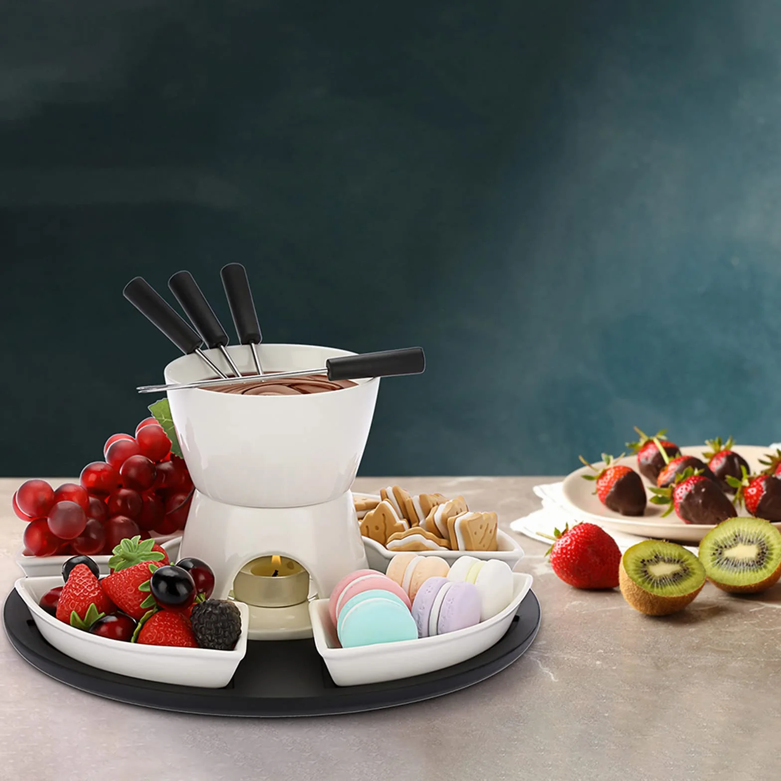 Fondue de Chocolate 300ml Cerámica Blanca Juego de Fundidor de Queso Cuadrado 11 Piezas con 4 Tenedores y Platos de Madera