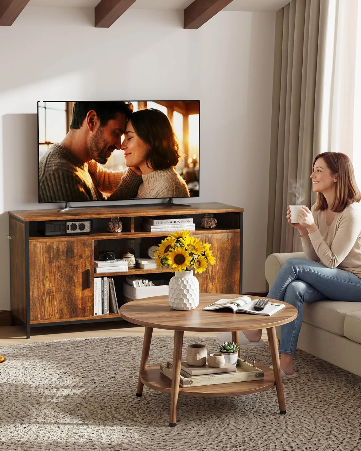 ELUCHANG Mueble de TV, Mesa de TV para Salón, con Estantes Ajustables, para Televisores de hasta 65 Pulgadas, Estilo Industrial, 140 x 40 x 71 cm, Marrón Rústico y Negro