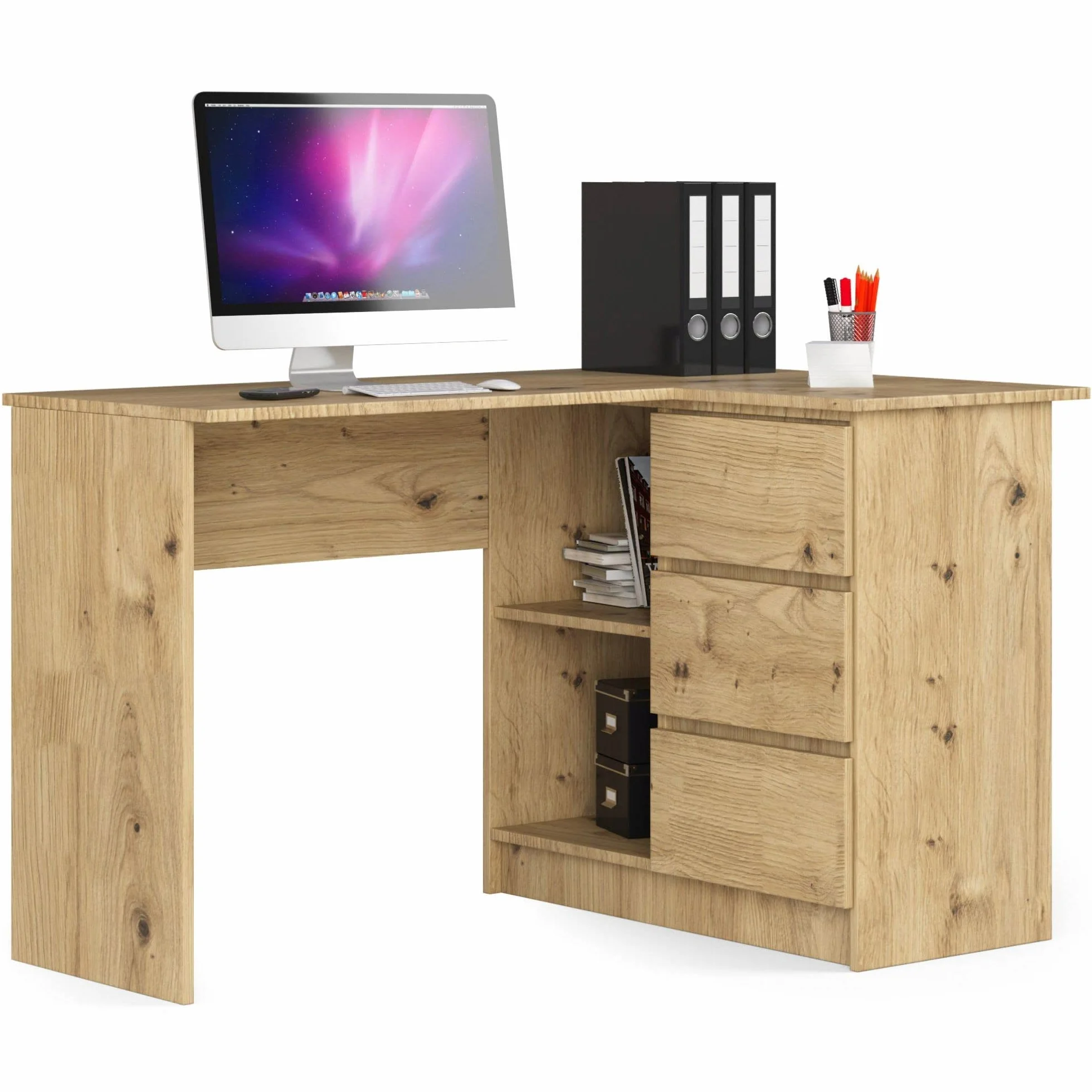 Escritorio esquinero AKORD B16 Roble Artisan 124 cm con lado derecho 3 cajones frente en color Roble Artisan 2 estantes 124x85x77 cm