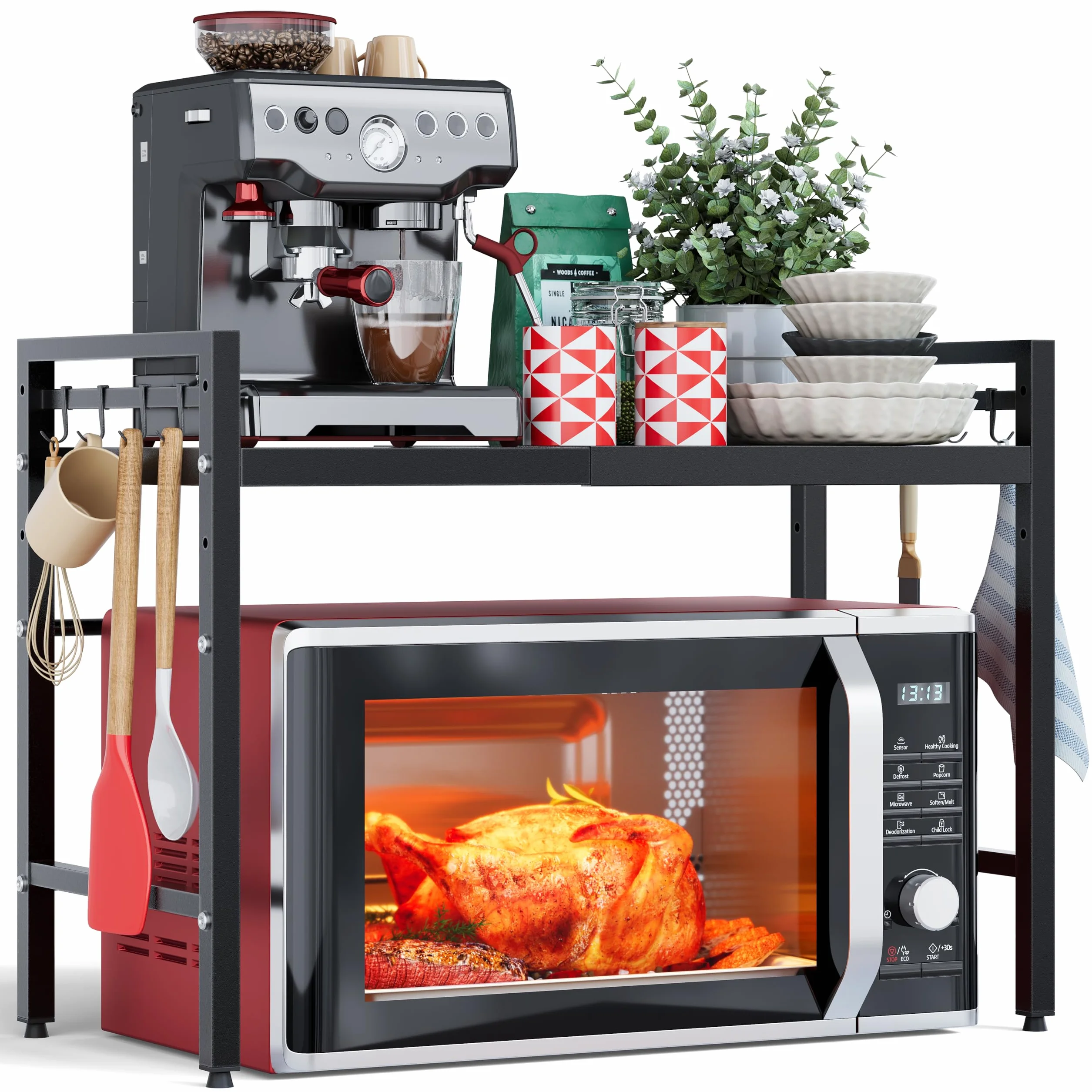 NETEL Soporte Extensible para microondas de 2 Niveles, Estante microondas encimera Ajustable, Soporte de Horno de Cocina, estanteria Cocina encimera, Organizador microondas con 8 Ganchos, Negro