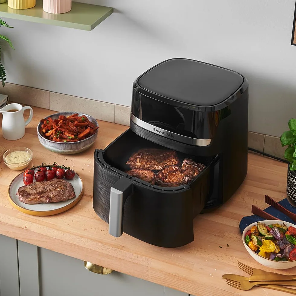 Russell Hobbs Freidora de Aire, Air Fryer, Freidora sin Aceite 8,3 L, XXL [tamaño compacto, bajo nivel ruido, pizzas de 26 cm] Satisfry (piezas aptas lavavajillas, pantalla táctil, grill) 27632-56