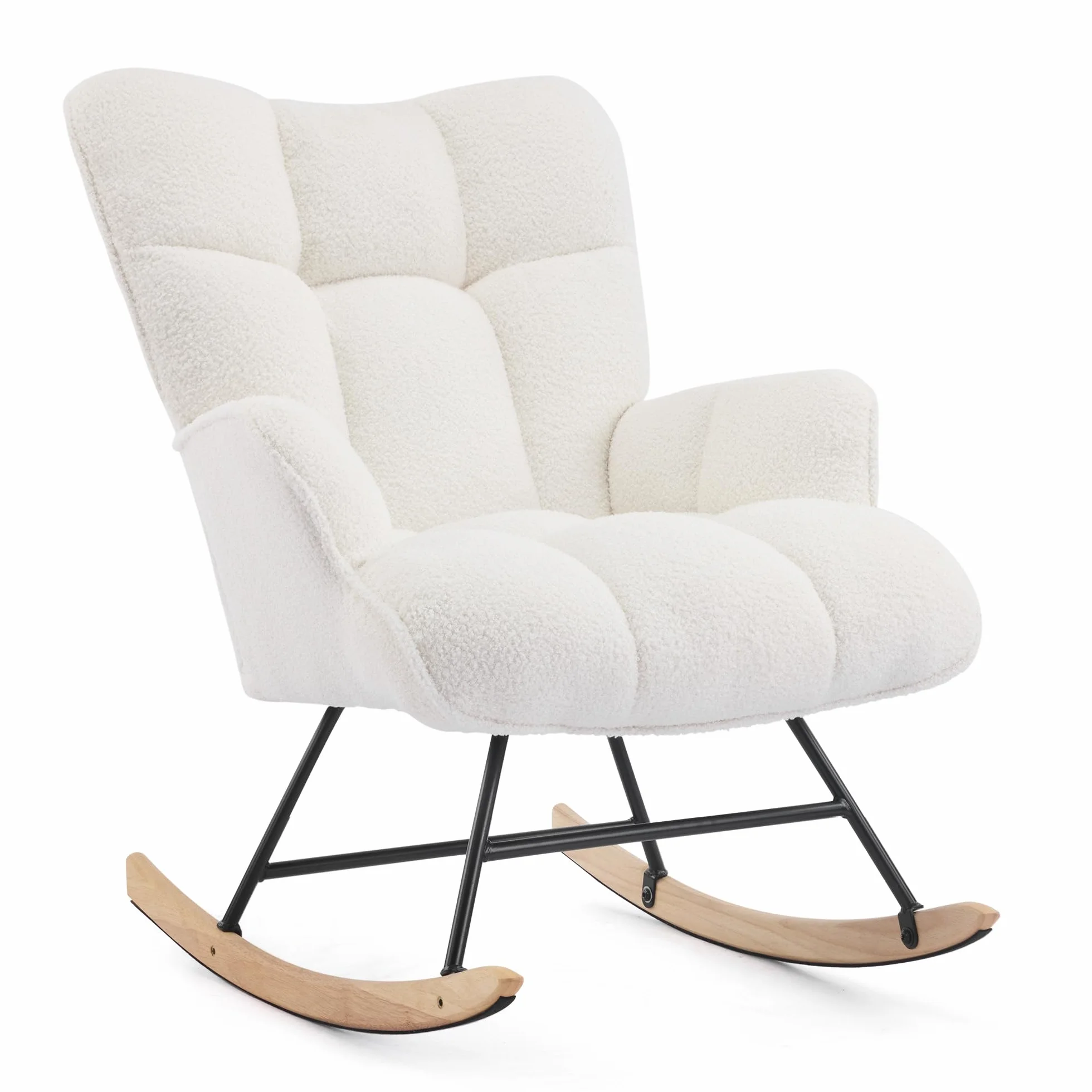 Silla Mecedora para Lactancia, Sillón Balancín Teddy Tapizado en Peluche Suave con Base de Madera Silla de Relax Cómoda con Brazos para Sala, Dormitorio y Habitación Infantil Blanca
