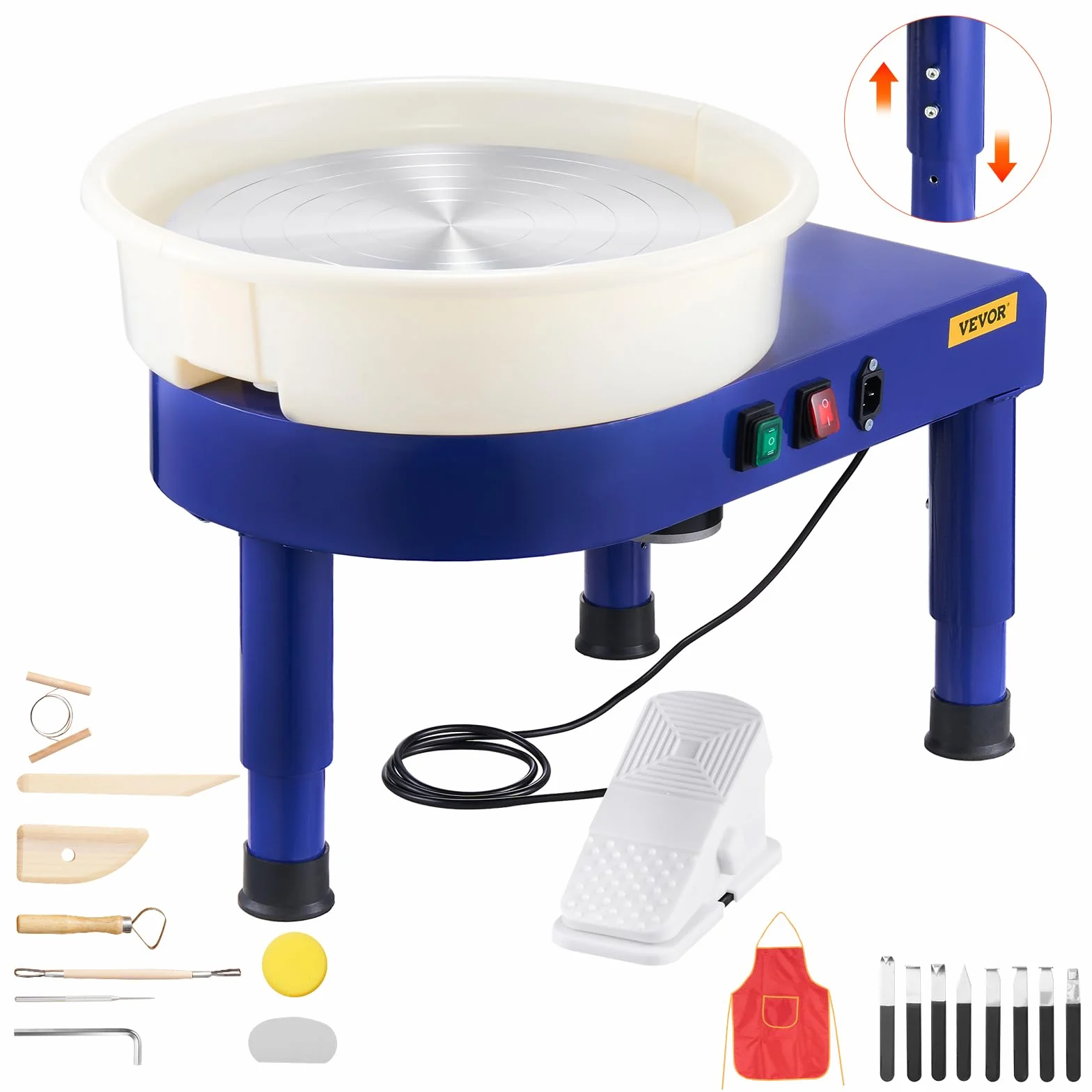 VEVOR Torno de Cerámica de 35 cm, Máquina Formadora de Ruedas de Cerámica con Pedal Ajustable de 60 a 300 RPM, Pata de Elevación Ajustable, Cuenco Desmontable para Manualidades, Bricolaje, Azul