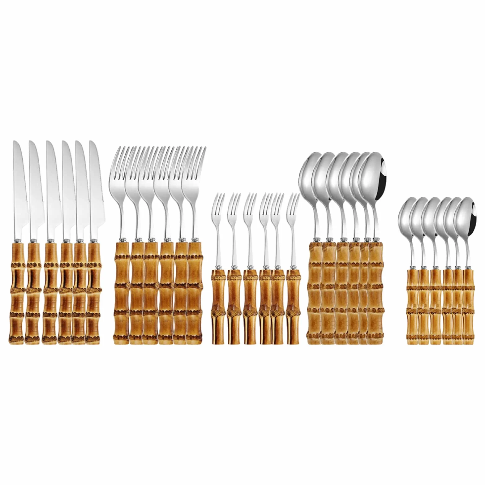 Juegos De Cubertería Juego De Vajilla De Bambú Vajilla Retro Con Mango Natural De Acero Inoxidable Cuchillos Para Carne Tenedor De Mesa Cuchara 30Uds.