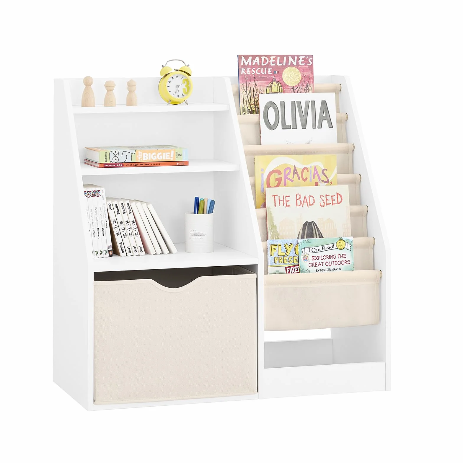 SoBuy Libreria Infantil Montessori con 6 Bolsillos Tela 80x40x80cm | Estanteria Libros Infantil con Almacenaje Juguetes, 3 Estantes y 1 Cajón de Tela, Mueble Infantil, Blanco, KMB119-W