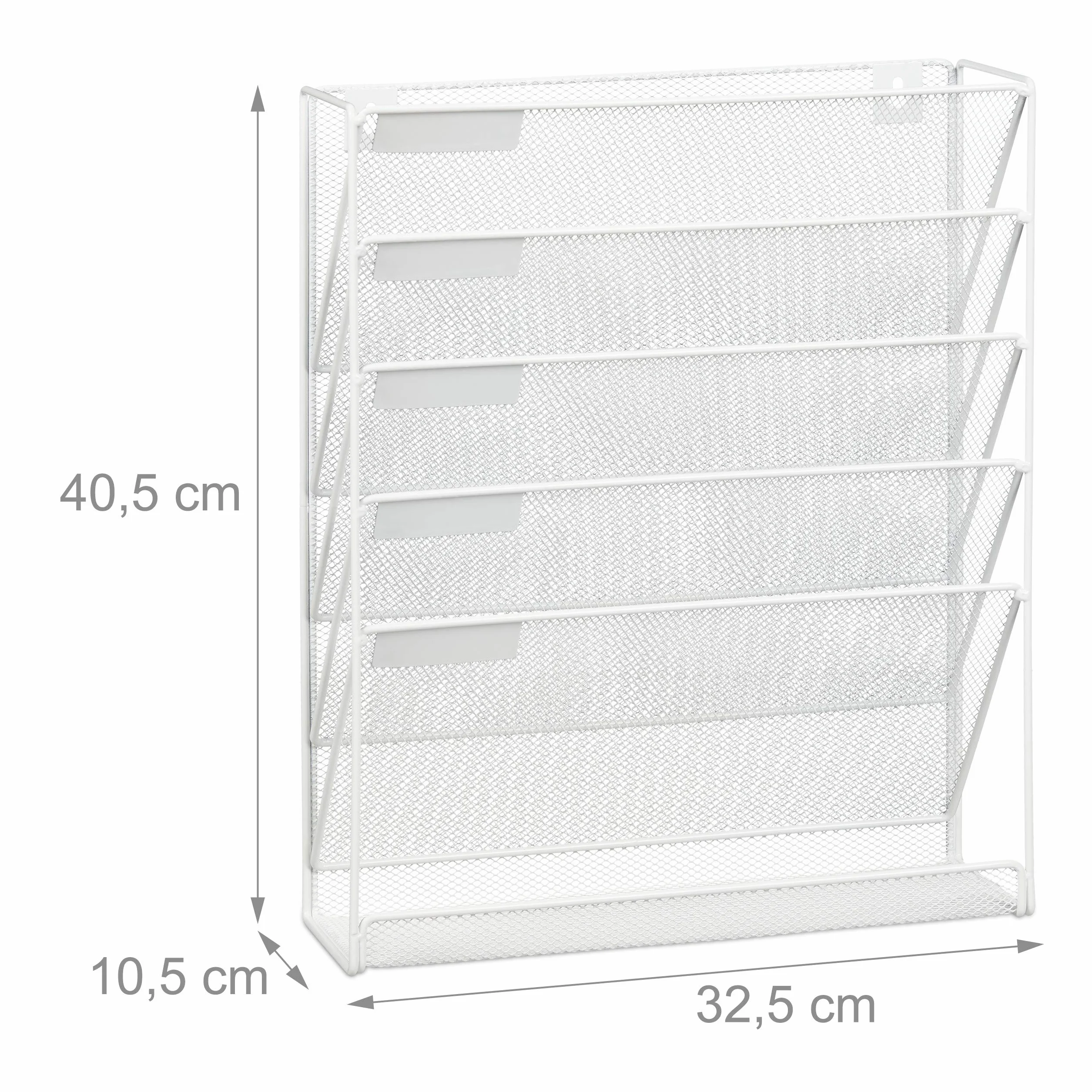 Relaxdays Revistero de Pared, Formato A4, 5 Compartimentos, Metal, Organizador Revistas, 40,5 x 32,5 x 10,5 cm, Blanco