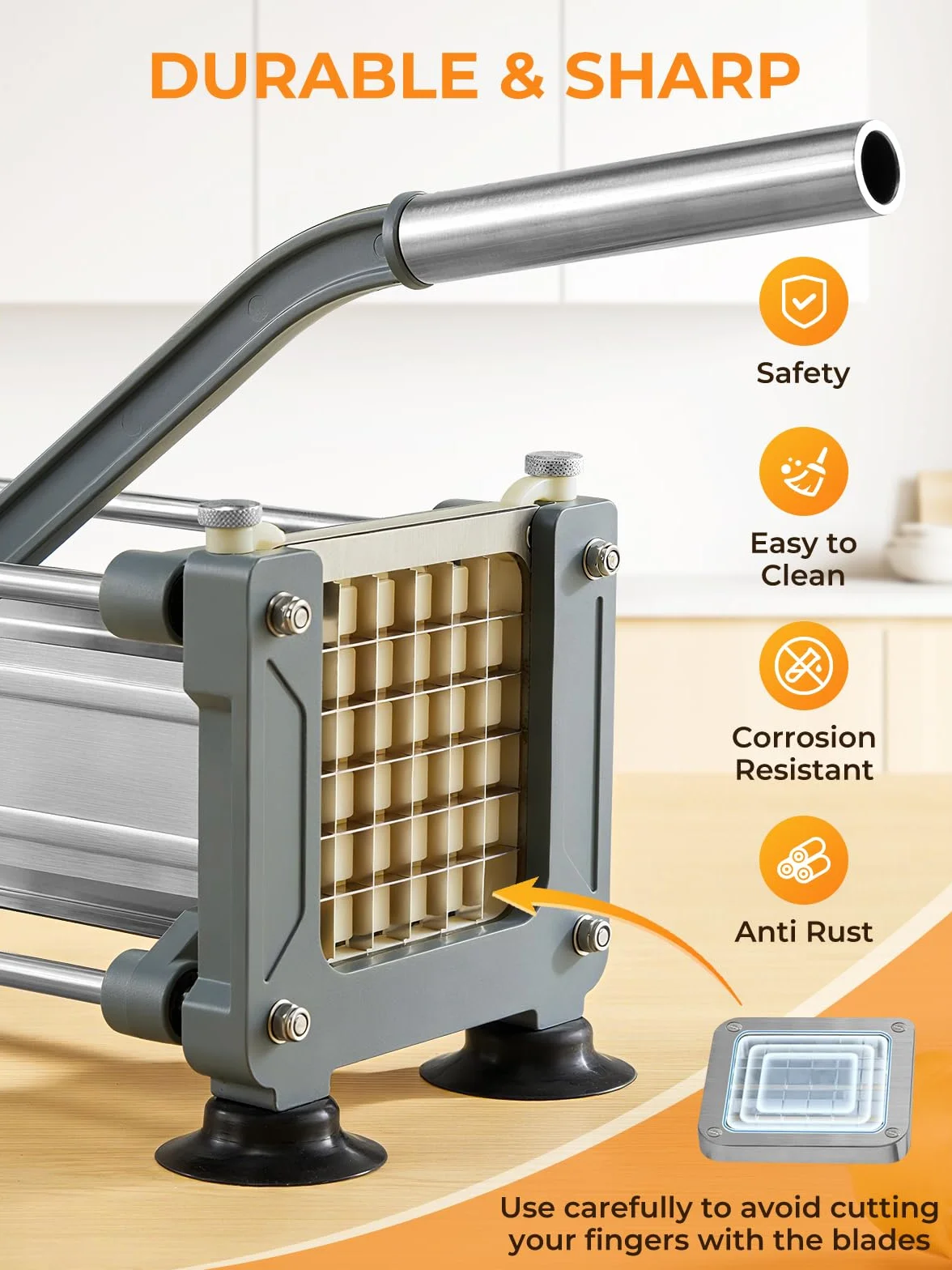 FOHERE Cortador Patatas Fritas Manual, Cortador de Patatas Profesional Corta Patata Acero Inoxidable con Cuchillas De 12mm para Uso Doméstico y Comercial