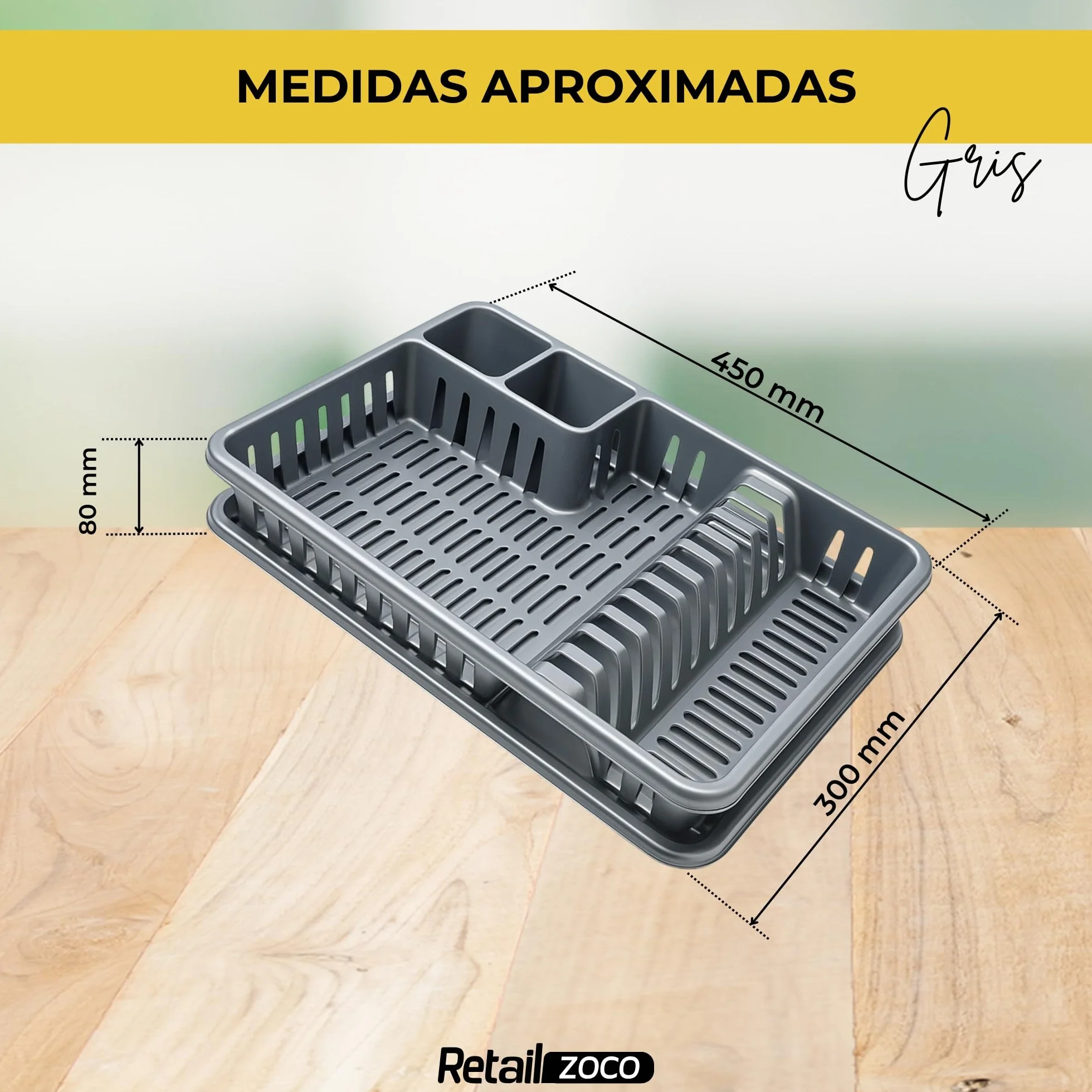 CHEFZOCO Escurreplato de plástico 45 cm de Ancho, Escurridor de Platos con Bandeja Anti-Goteo, Gris