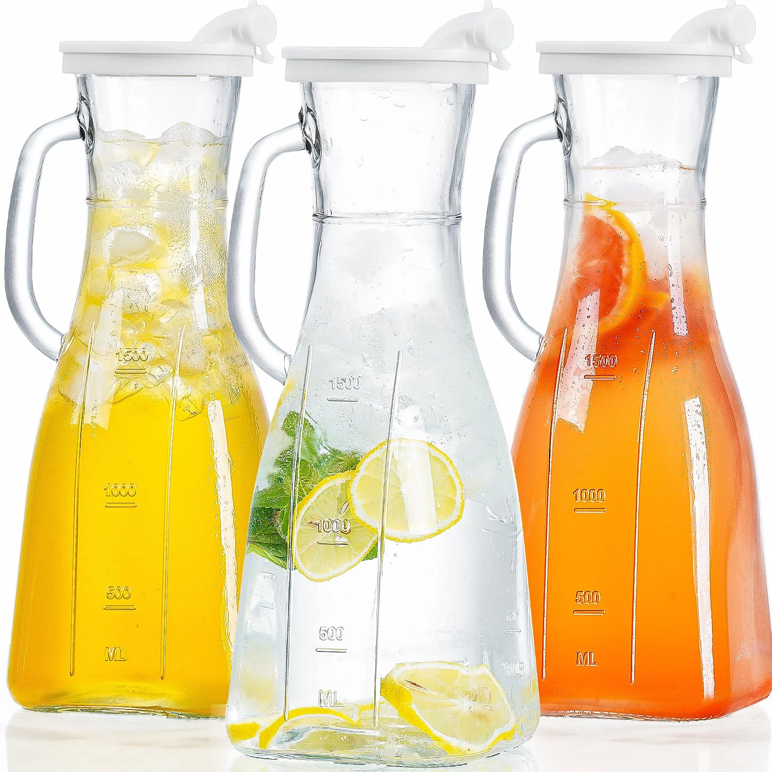 Absovetu Paquete de 3 jarras de vidrio con tapas de 1.9 L/64 onzas, jarras de agua de vidrio para refrigerador, jarra de agua, jarra de jugo con asa para jugo, leche, vino, té