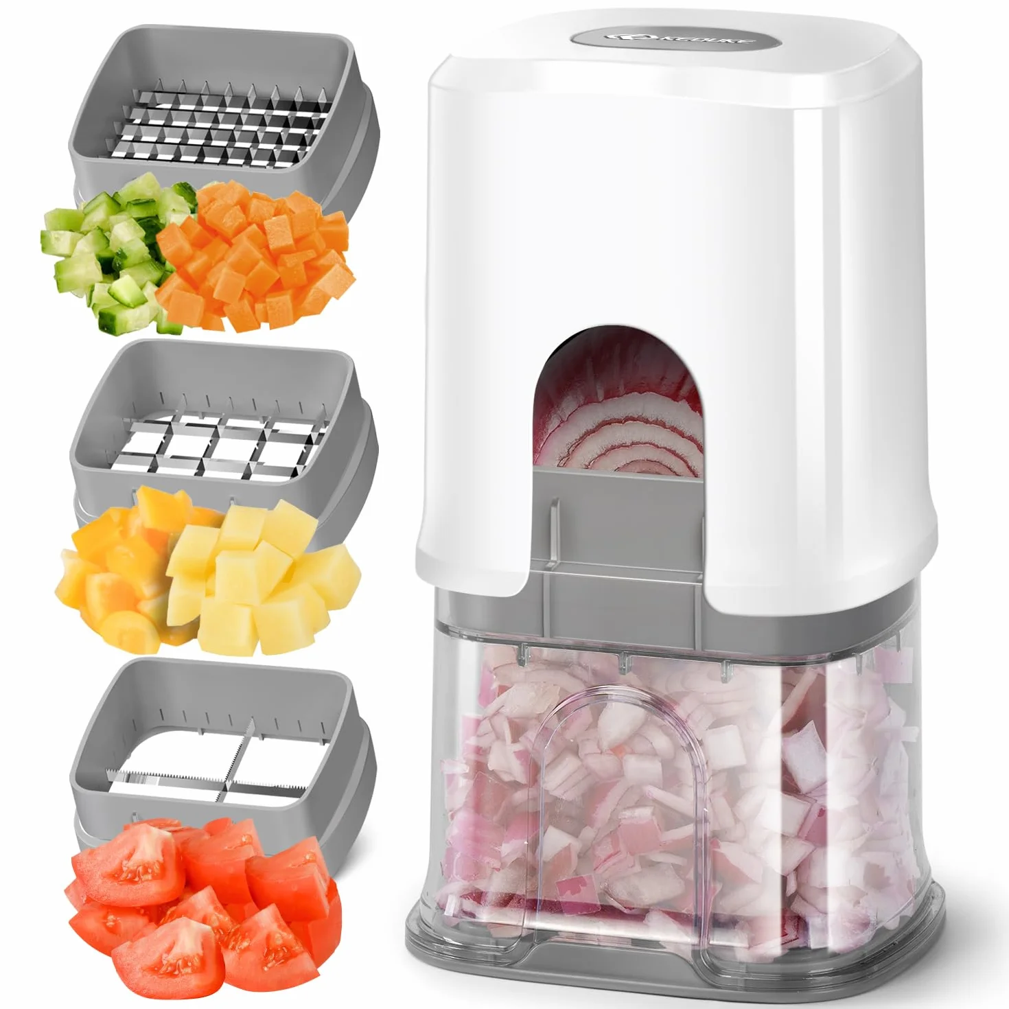KEOUKE Cortador de verduras de 3 cuchillas intercambiables, cortador de cebolla, cortador de patatas fritas, cortador manual de verduras para pepino, tomate, zanahoria con recipiente y caja de