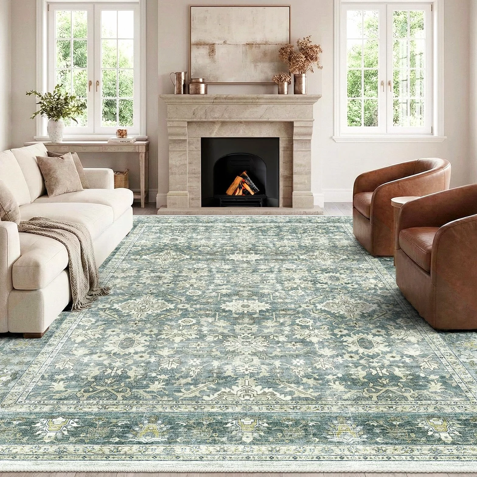 HOMFINE Alfombra Vintage Salon Verde 240x340 cm - Lavable en Lavadora Antideslizante Pelo Corto Suave Grande para Salón Dormitorio Comedor Pasillo