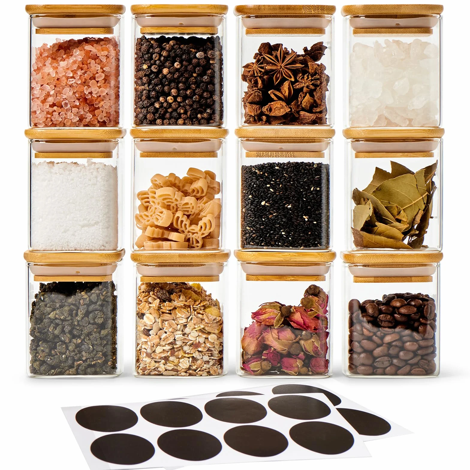 EZOWare - Lote de 12 tarros de especias cuadrados de cristal, 180 ml, pequeños frascos herméticos con tapa de bambú de almacenamiento para conservar especias de cocina, té, hierbas