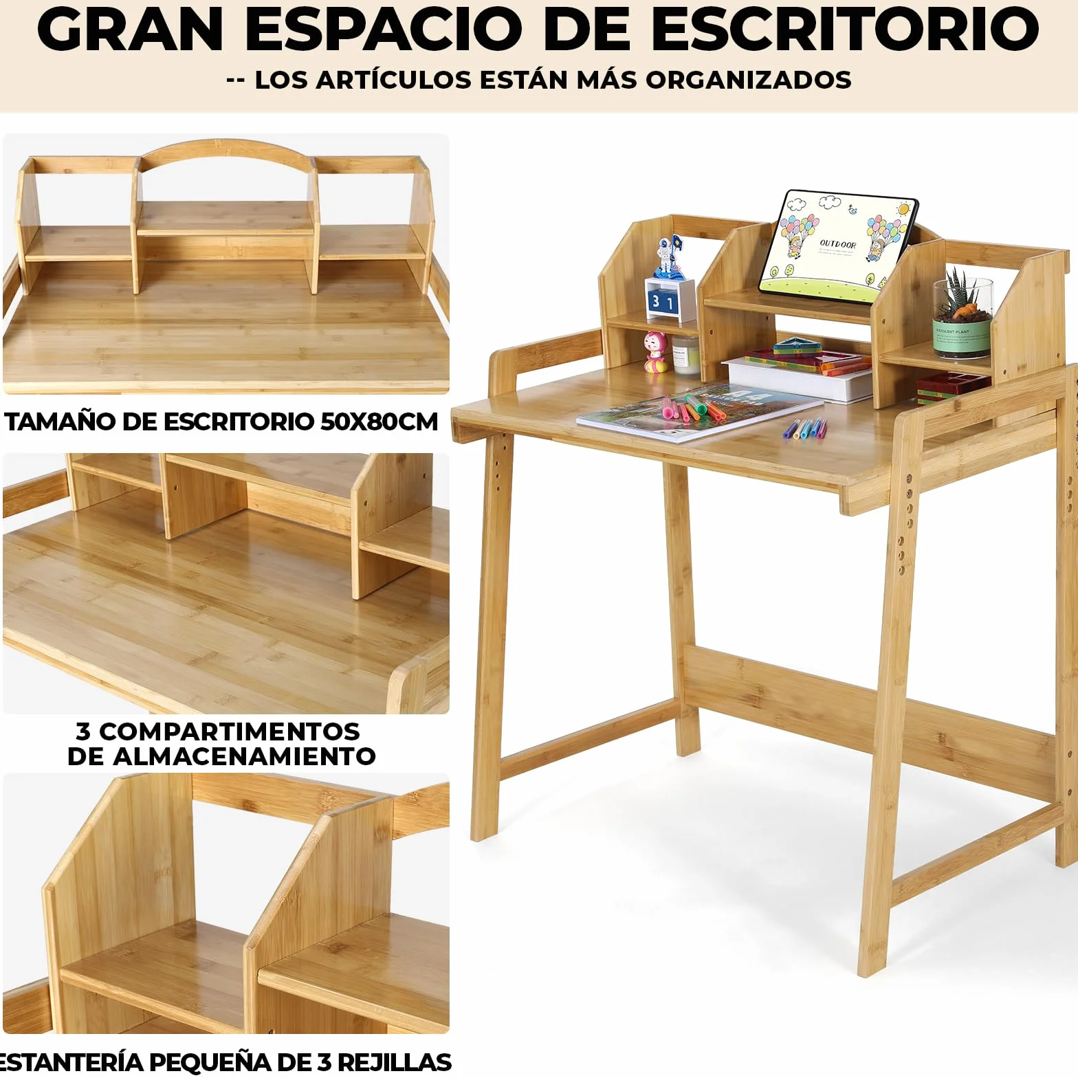 Escritorio Infantil Bambú con Silla Ajustable, Mesa Madera Estudiante, Soporte Libros Almacenamiento Natural
